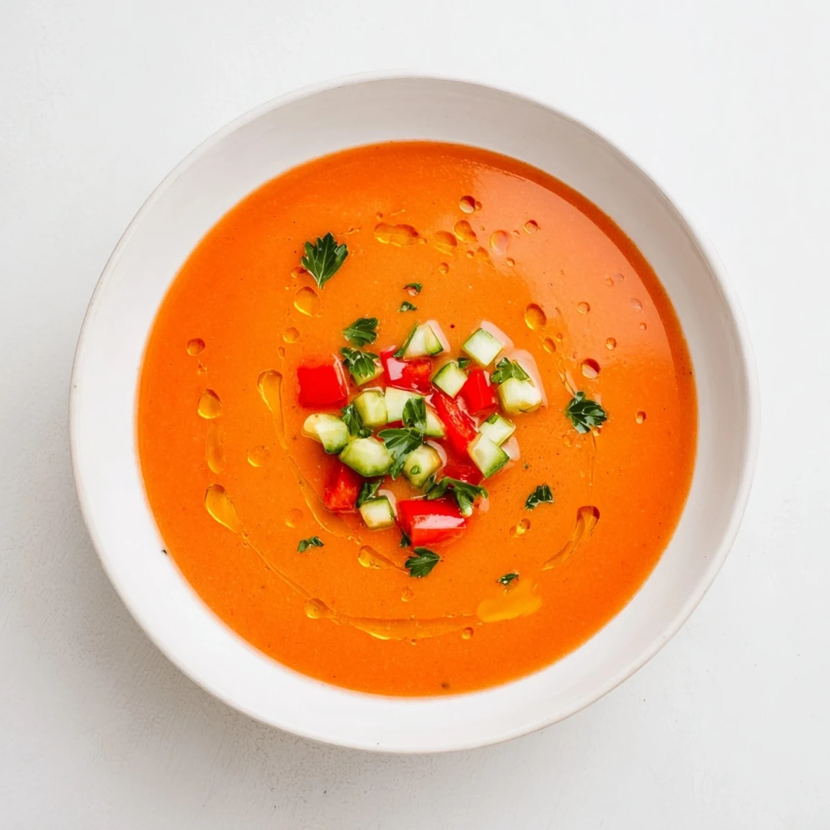 Vibrant red gazpacho bowl garnished with cucumber and drizzled olive oil