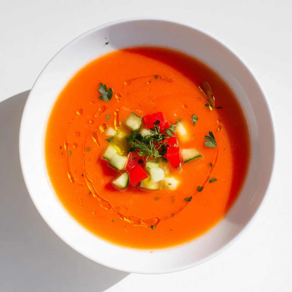 Smooth blended gazpacho served cold with colorful bell pepper and tomato garnish