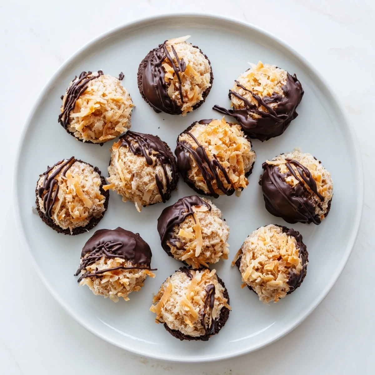 Chewy no bake Samoa bites topped with sweet caramel coconut layer and chocolate coating