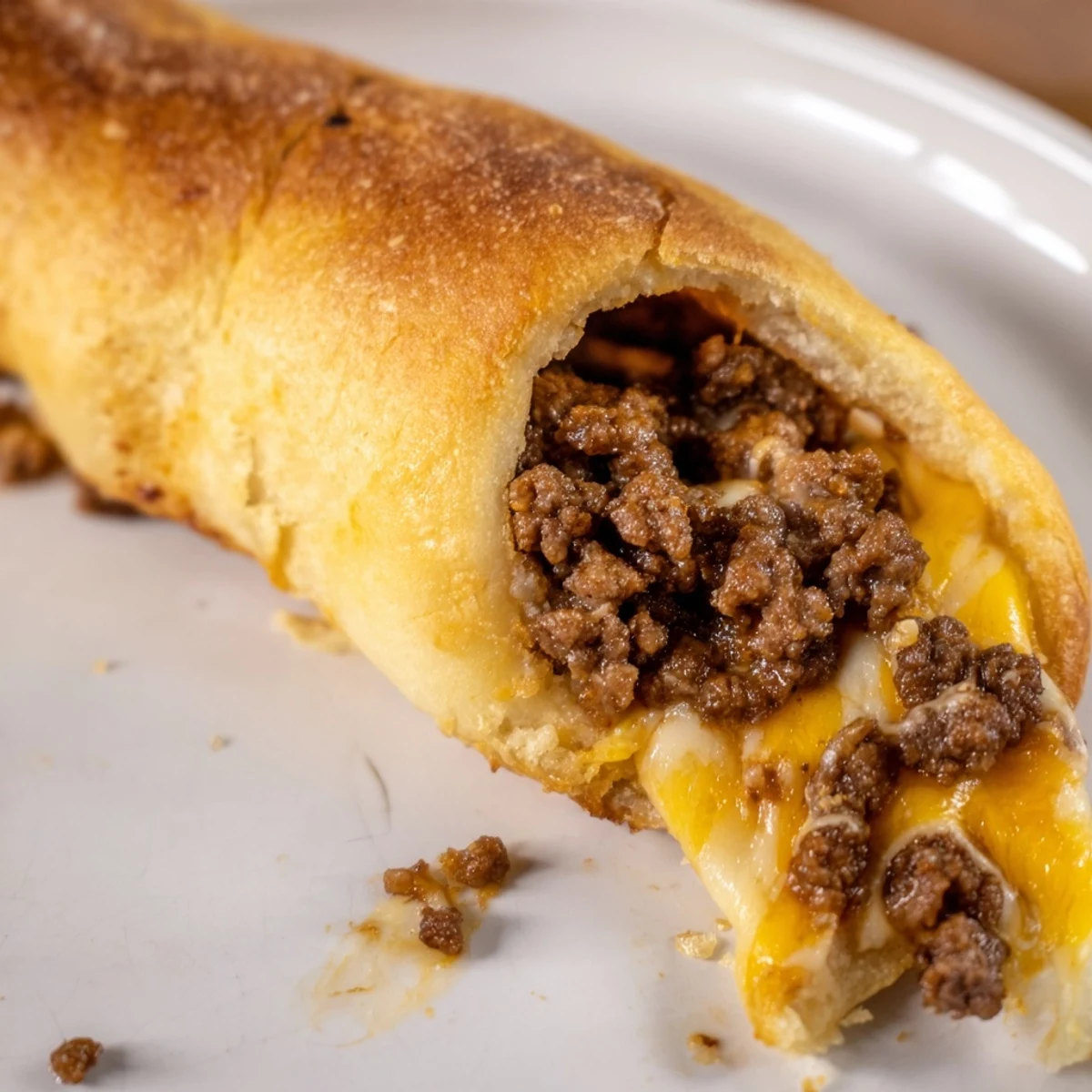 Golden baked cheesy taco sticks filled with seasoned ground beef and melted mozzarella cheddar blend on white plate