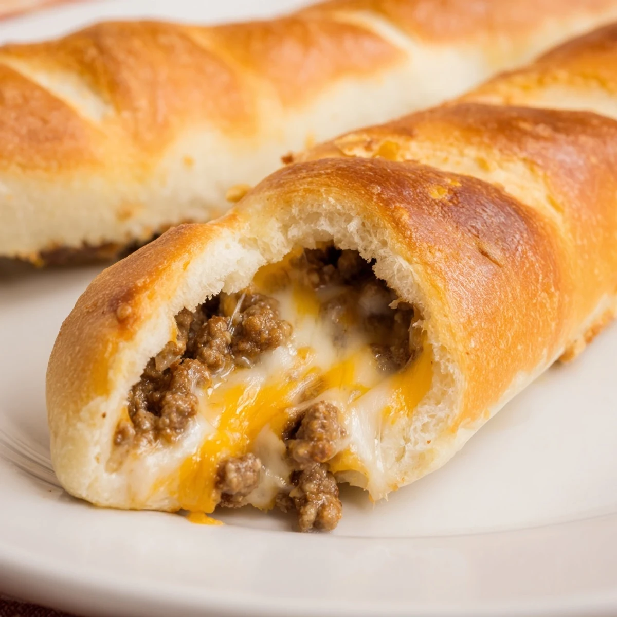 Warm cheesy taco sticks recipe showing golden brown dough stuffed with spiced beef and gooey cheese filling