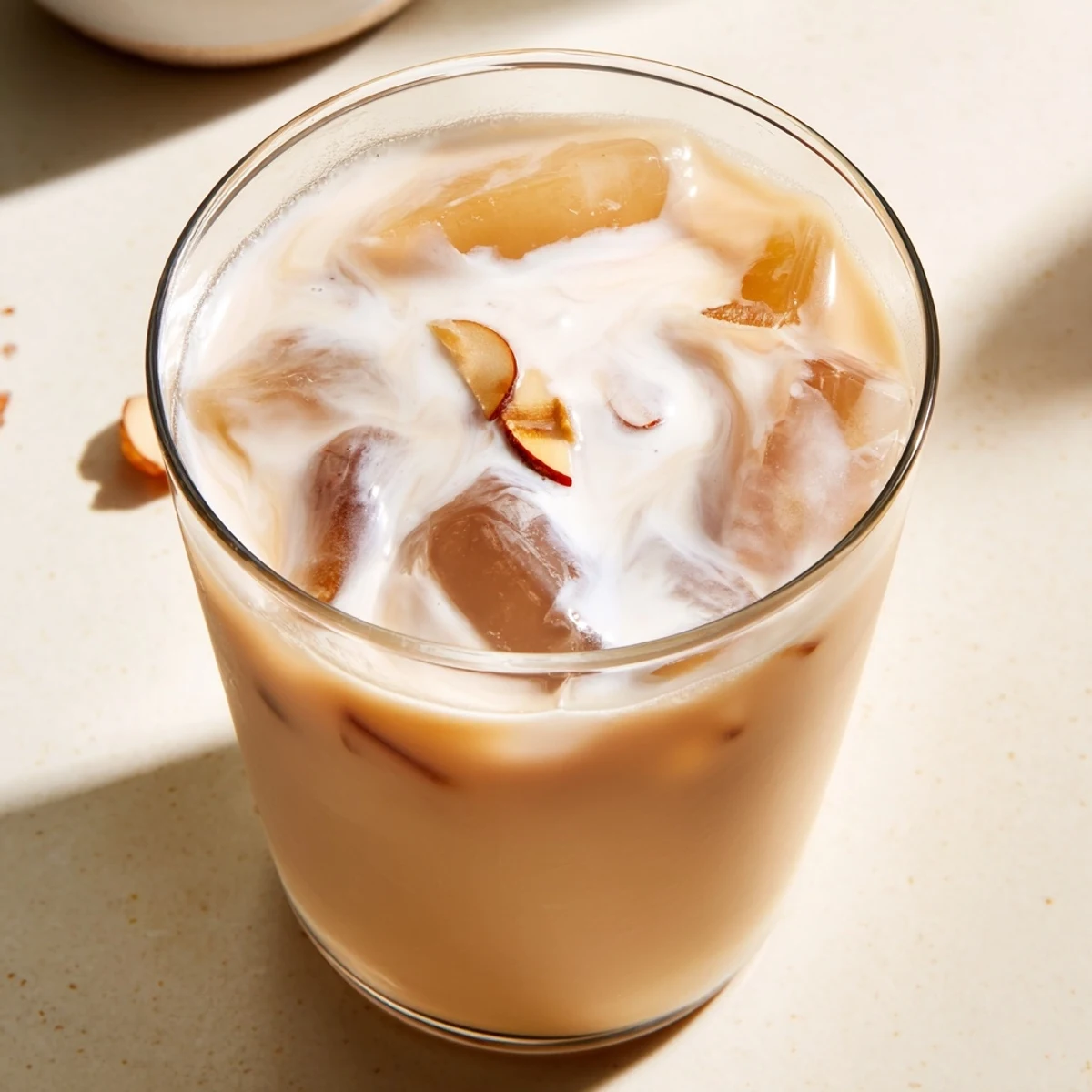 Chilled glass of refreshing summer roasted almond milk drink with cream garnished with almond slivers