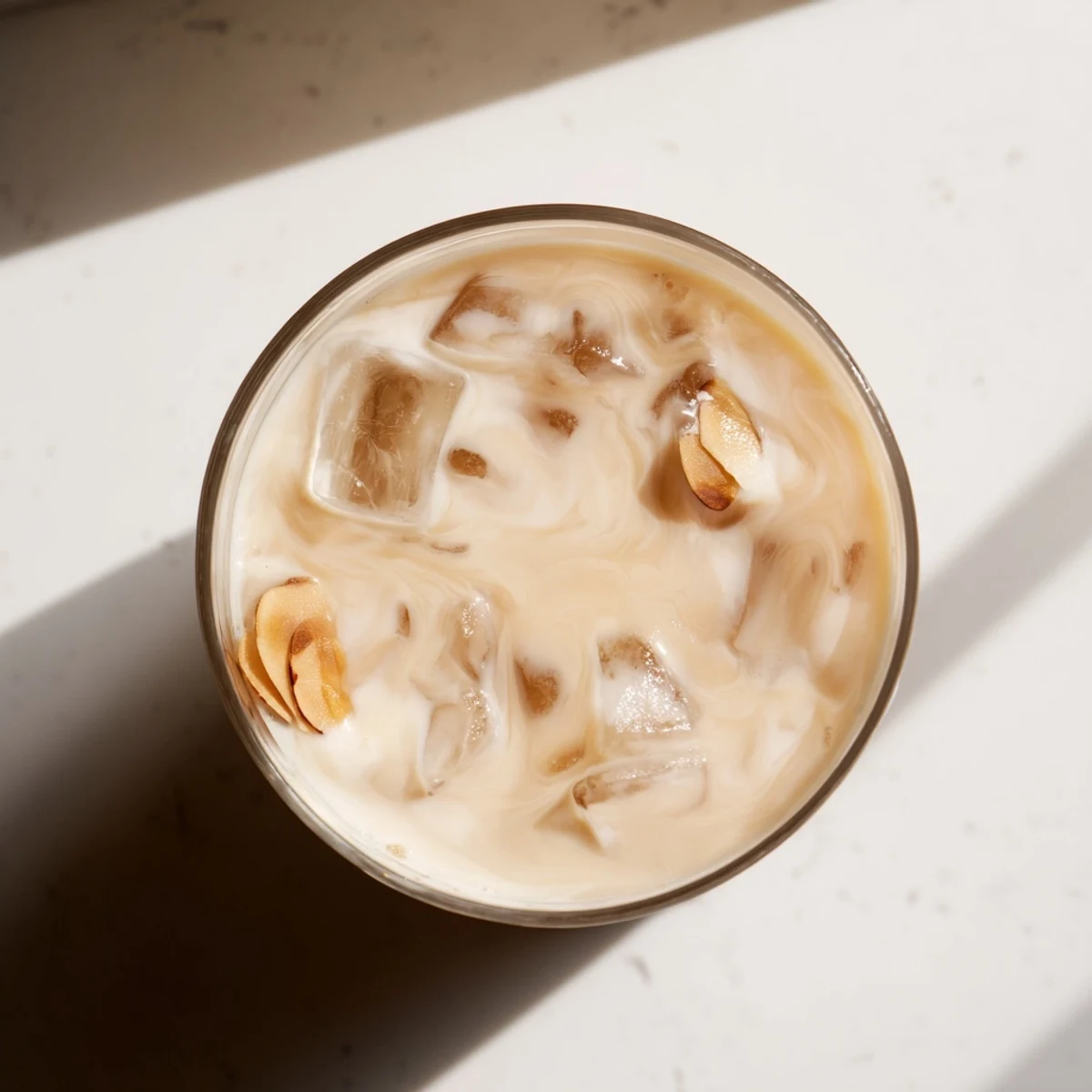 Creamy roasted almond milk beverage served over ice in a tall glass on a wooden table