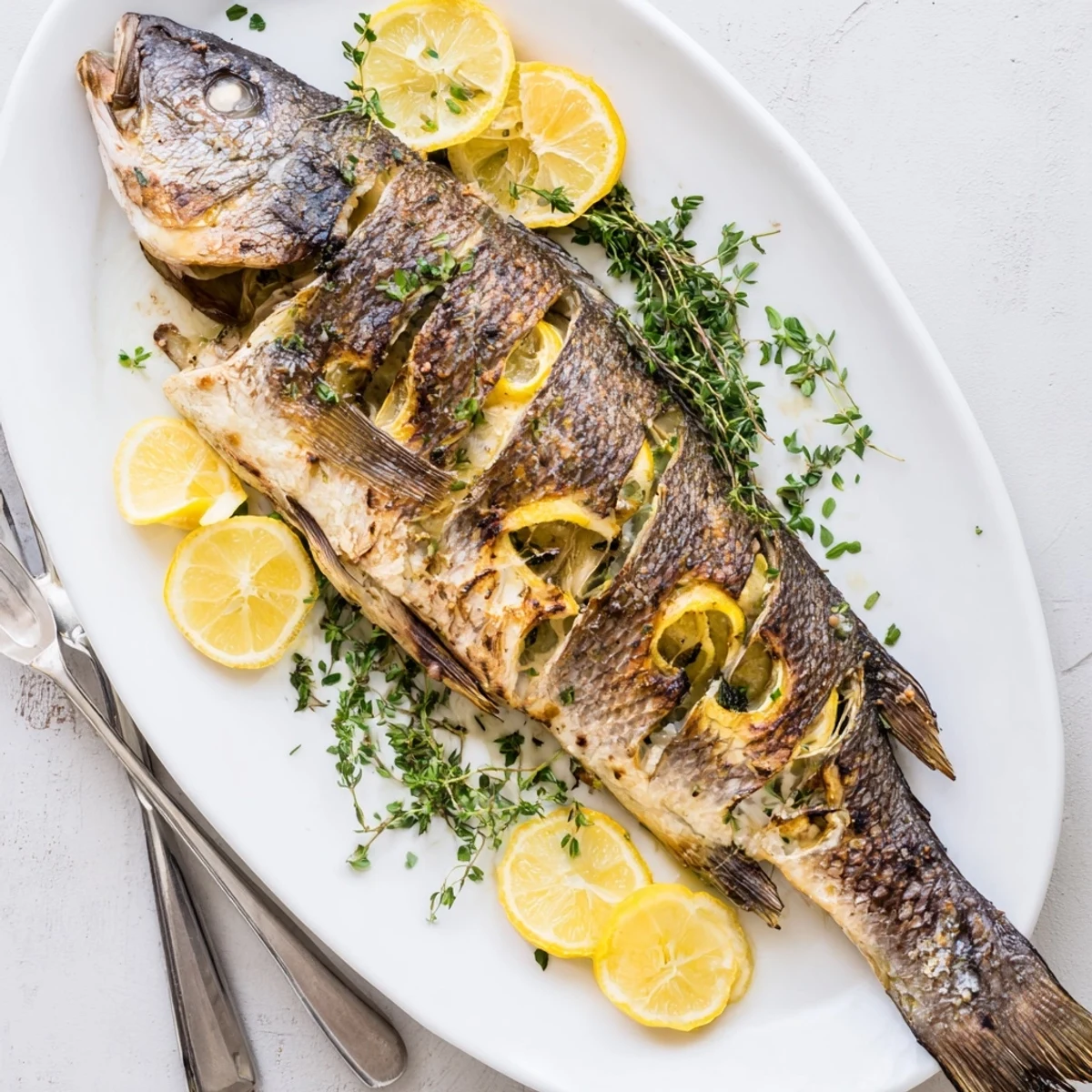 Whole roasted fish with crispy skin garnished with fresh parsley and lemon wedges on a serving platter