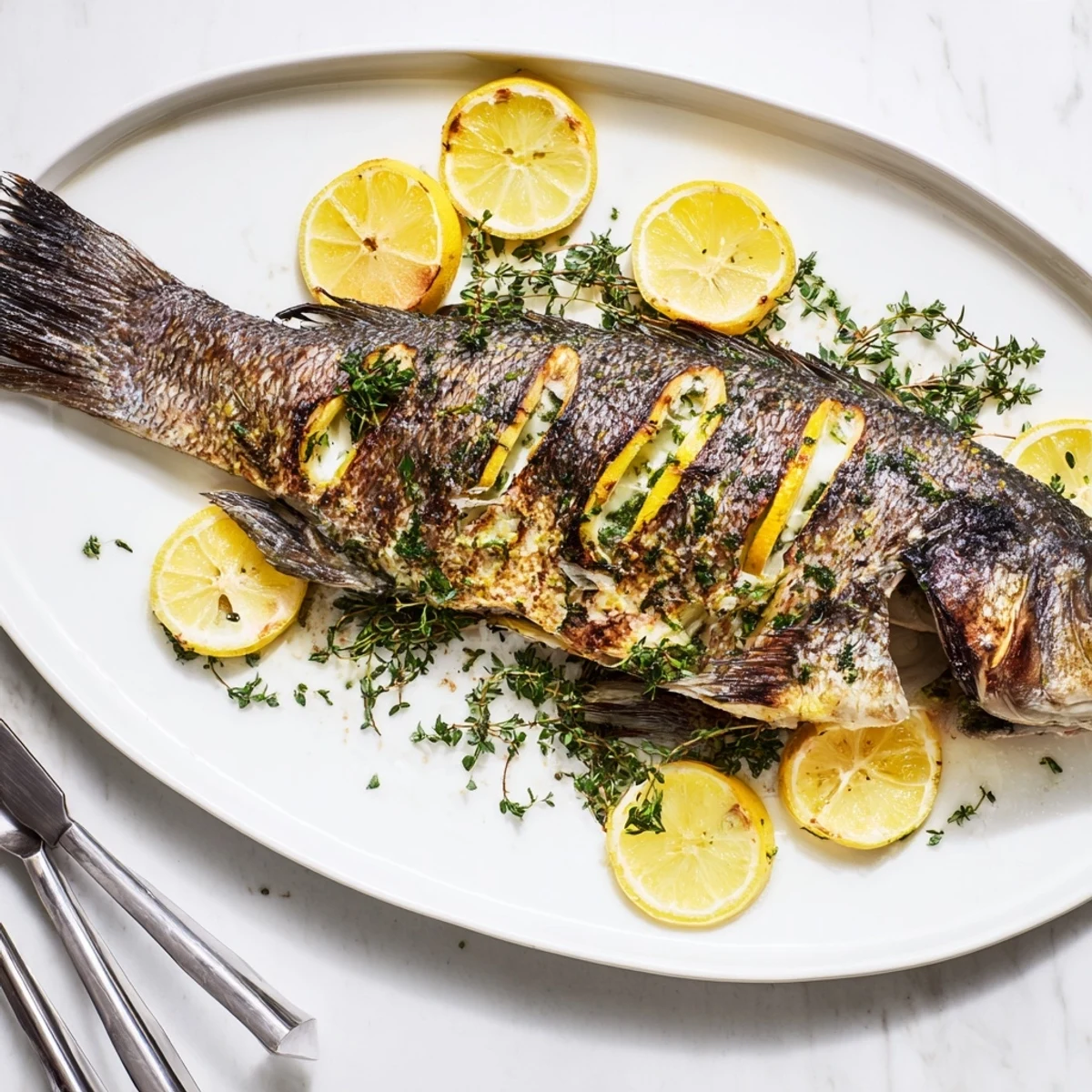 Mediterranean-style whole roasted fish displaying perfectly crisp skin seasoned with sea salt and served with citrus