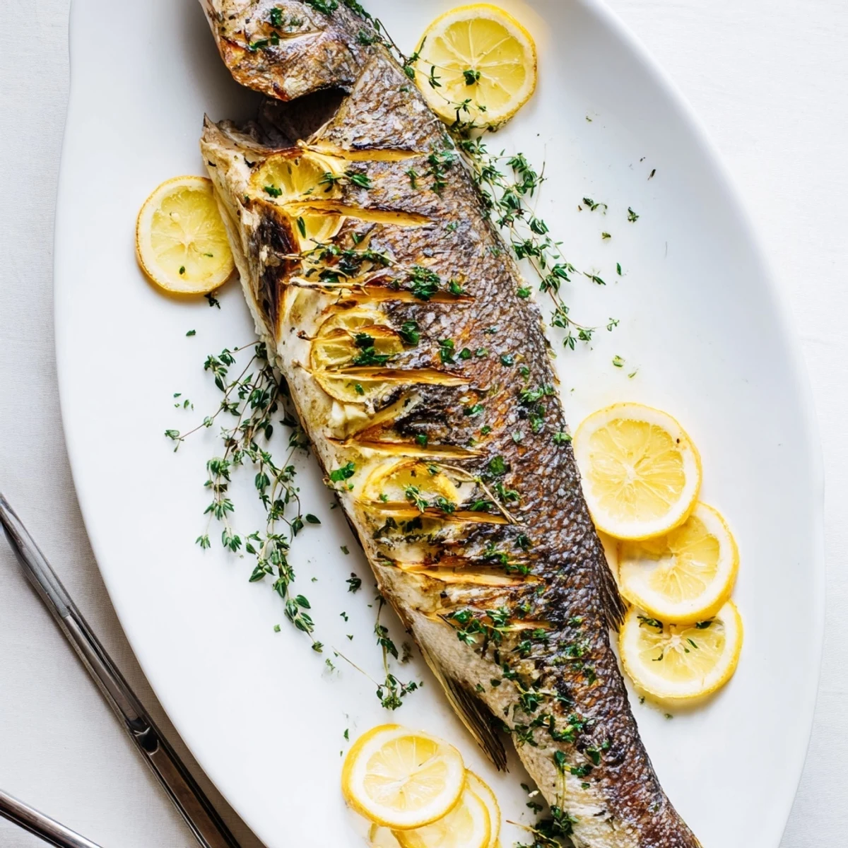 Golden brown whole fish with beautifully crispy skin stuffed with lemon slices and fresh aromatic herbs