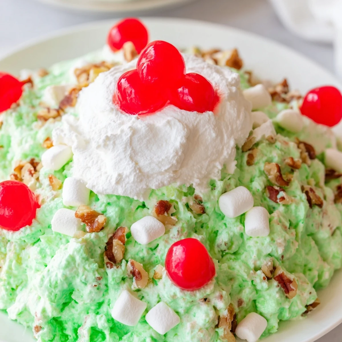 Vintage Watergate Salad recipe showcasing fluffy green pistachio pudding mixed with crushed pineapple and marshmallows in a glass serving bowl