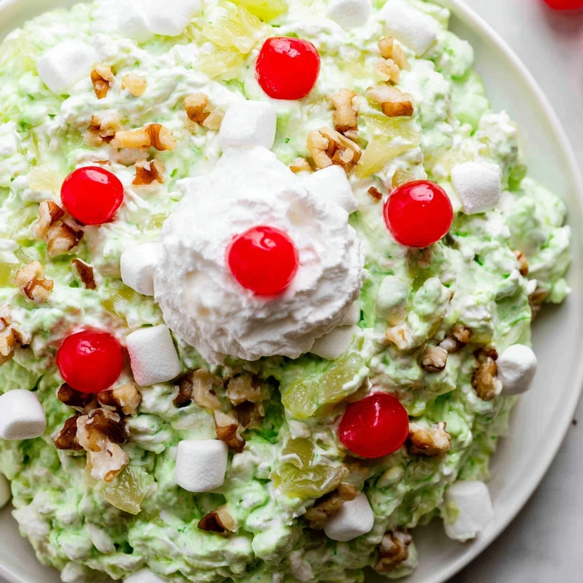 Retro Watergate Salad recipe featuring light green pistachio mixture dotted with colorful marshmallows and chopped pecans for a nostalgic potluck treat