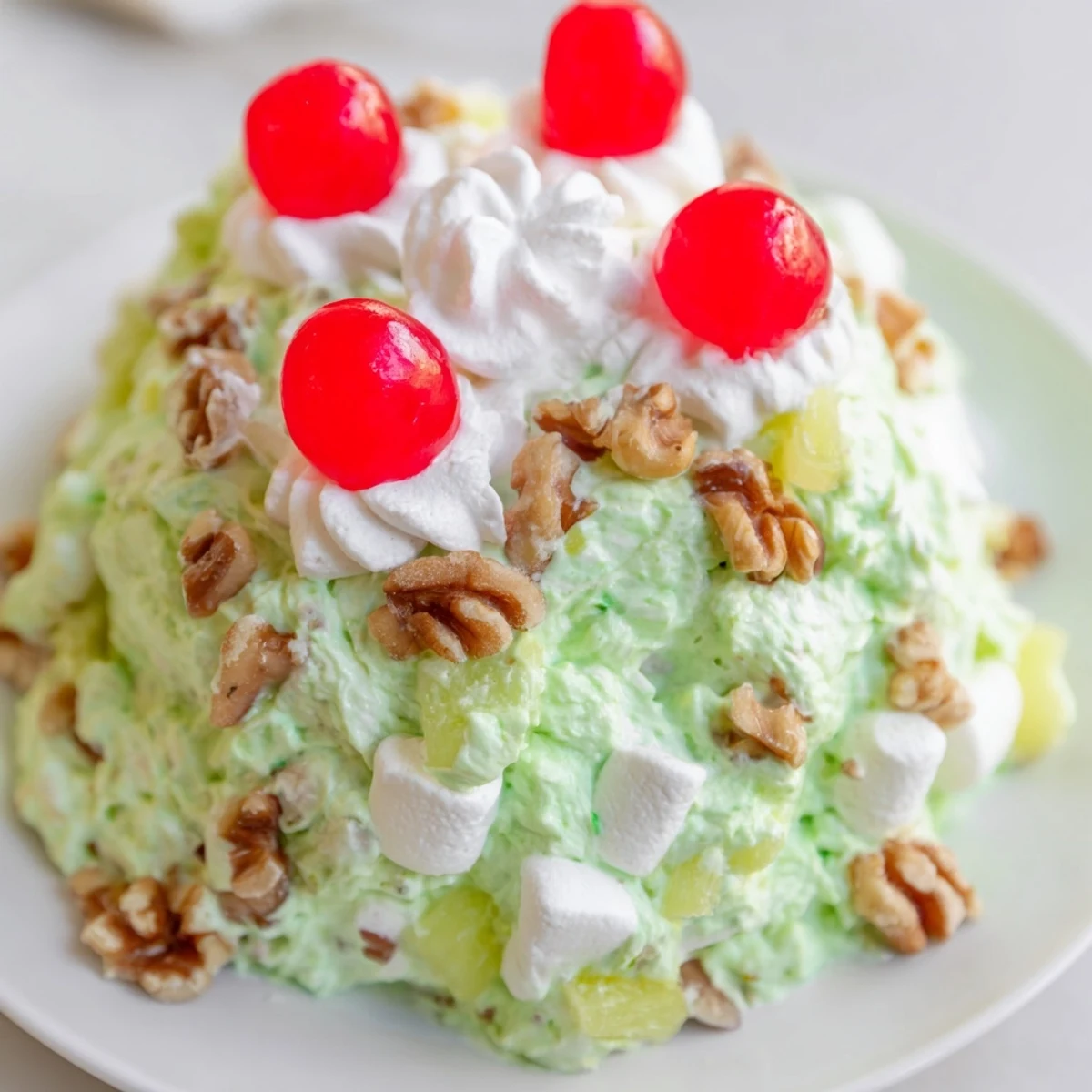 Creamy Watergate Salad dessert topped with bright red maraschino cherries and extra whipped topping on a white plate