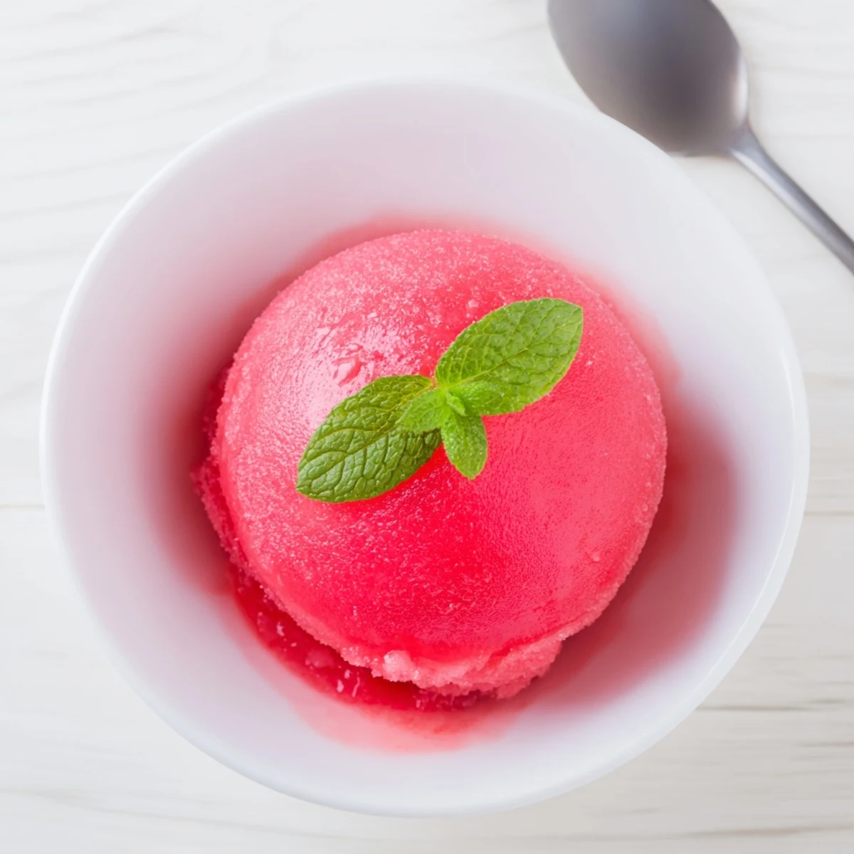 Creamy dairy-free watermelon sorbet in a glass bowl showing fluffy ice crystals and bright pink hue
