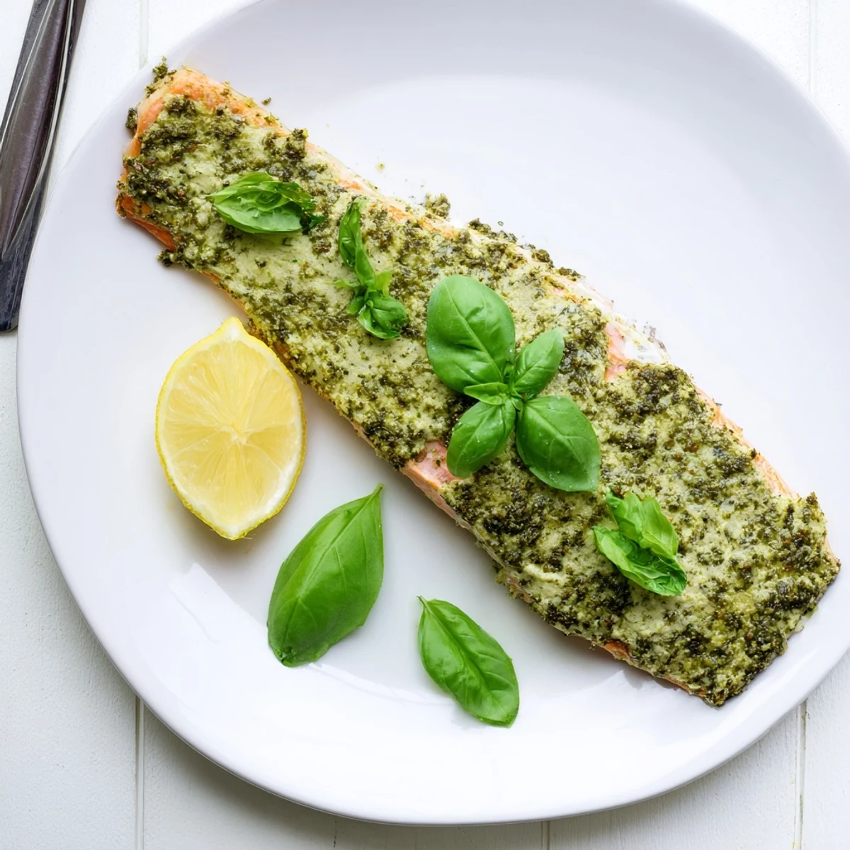 Succulent oven-baked salmon topped with vibrant green pesto butter sauce and lemon wedges