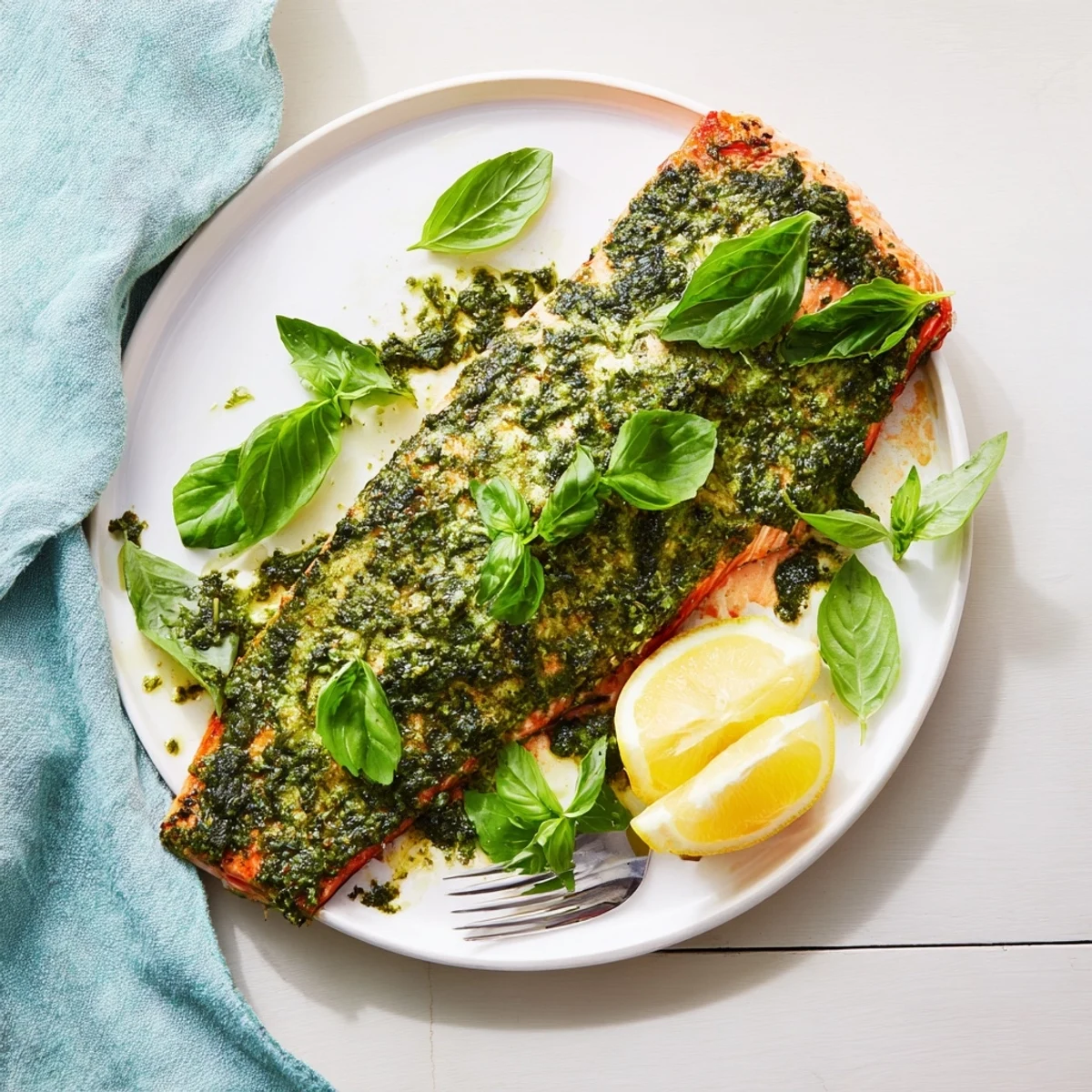 Golden brown pesto butter salmon fillet baked to flaky perfection with fresh herb garnish
