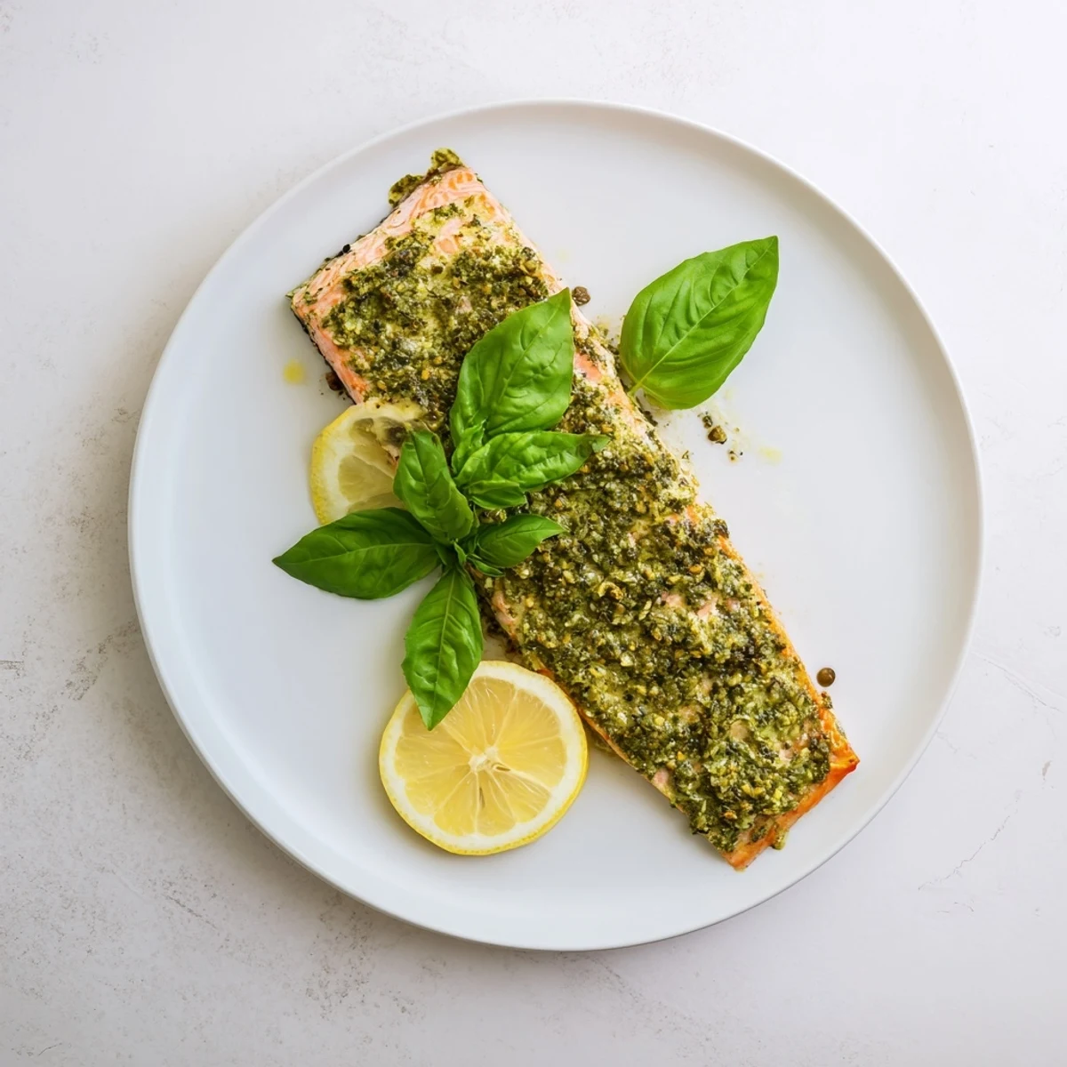 Moist and tender pesto butter salmon served on a white plate with basil accents