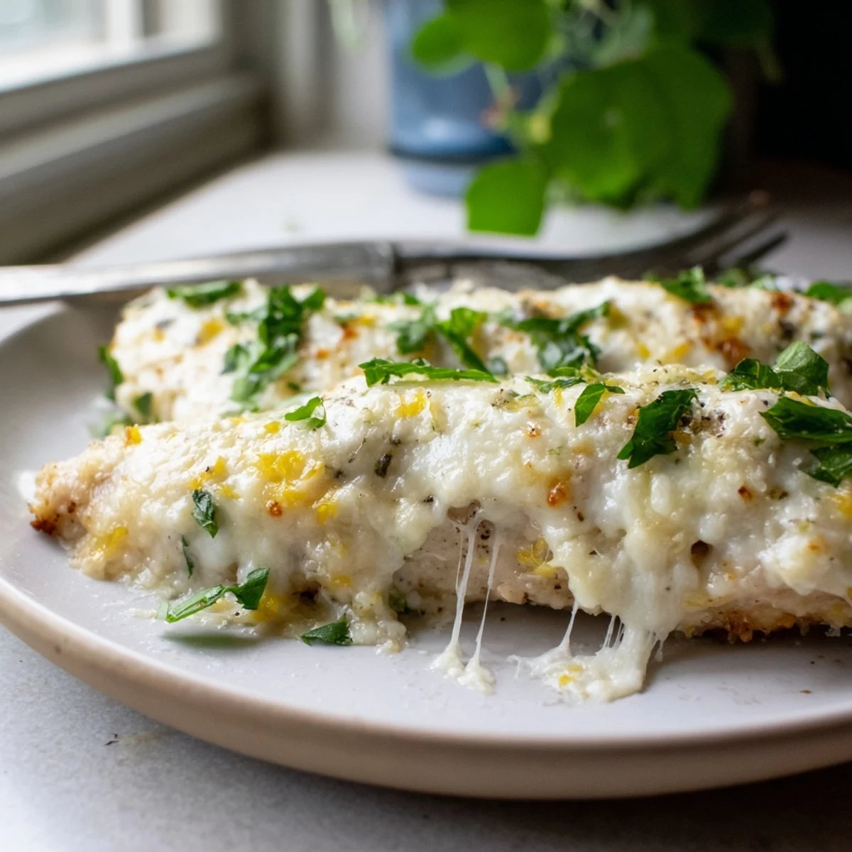 Golden baked chicken breasts topped with creamy ricotta and melted mozzarella cheese