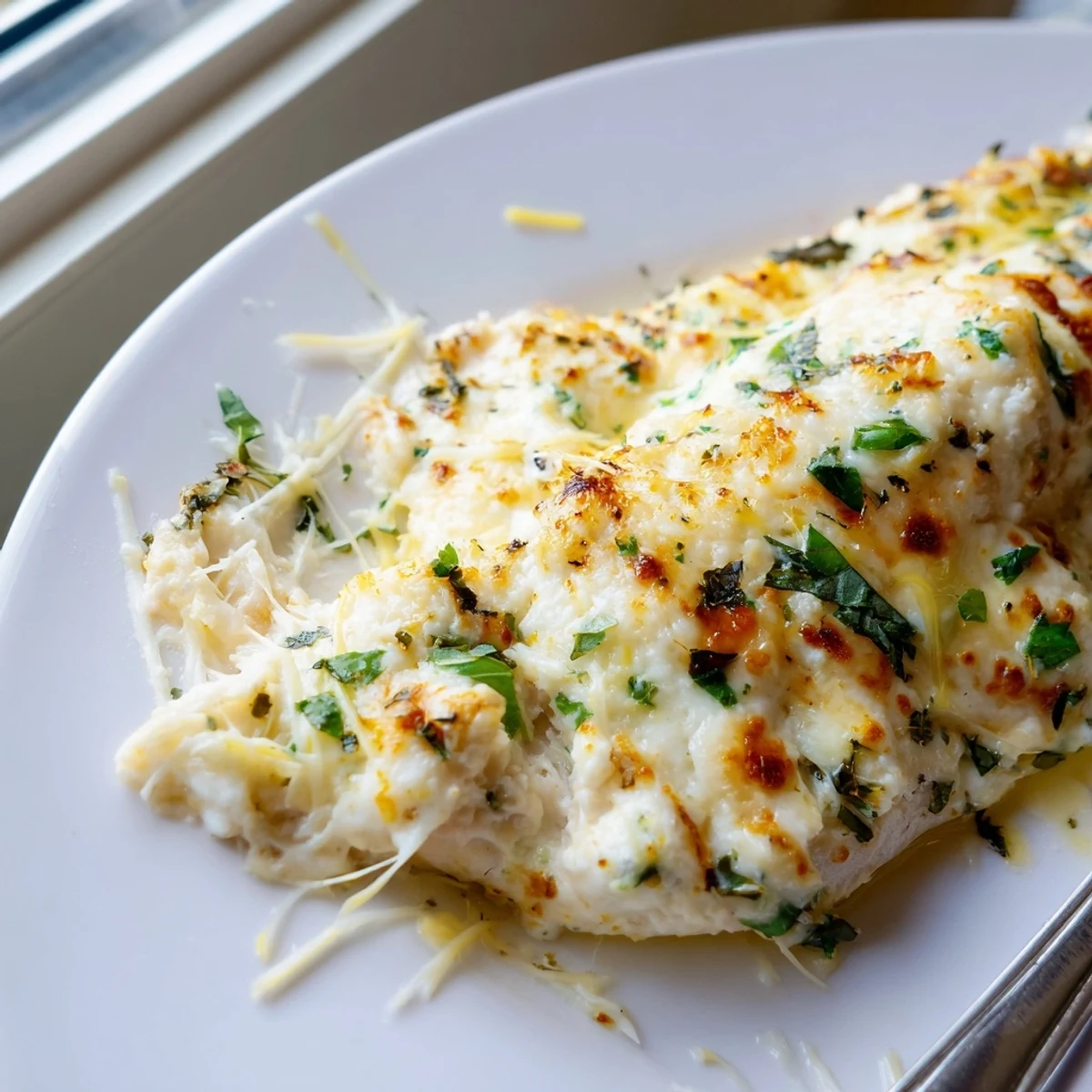 Juicy oven roasted chicken smothered in herb seasoned ricotta topping with fresh parsley