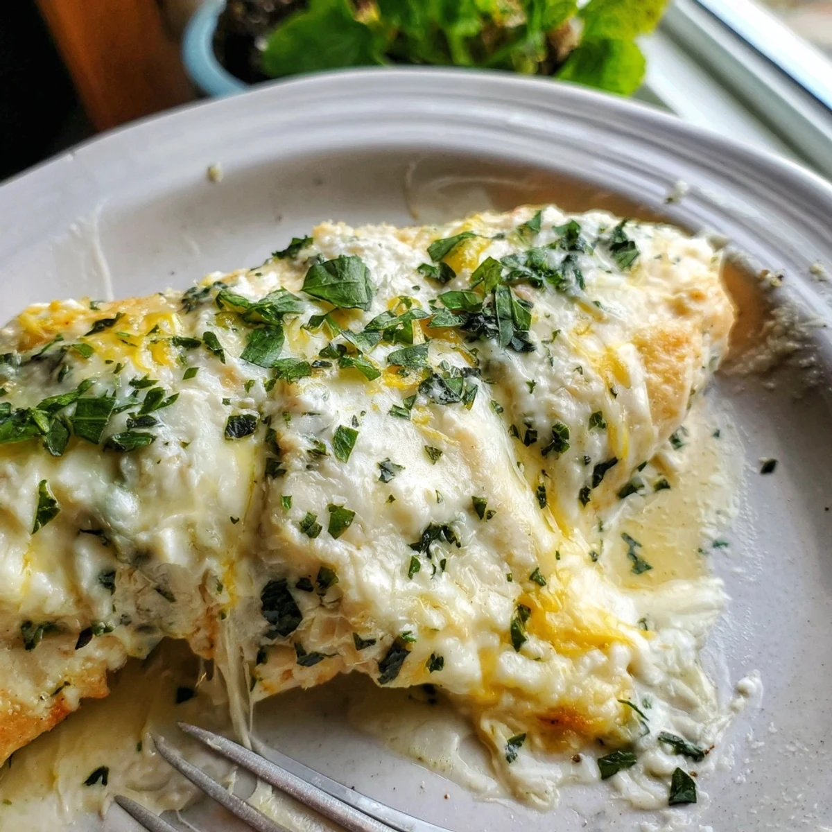 Italian style baked ricotta chicken with golden bubbling cheese and zesty lemon herbs