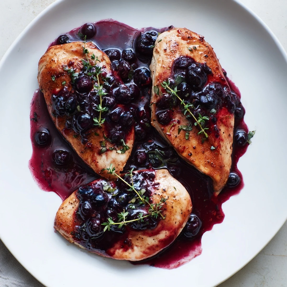 Golden pan-seared chicken breasts drizzled with purple blueberry thyme sauce