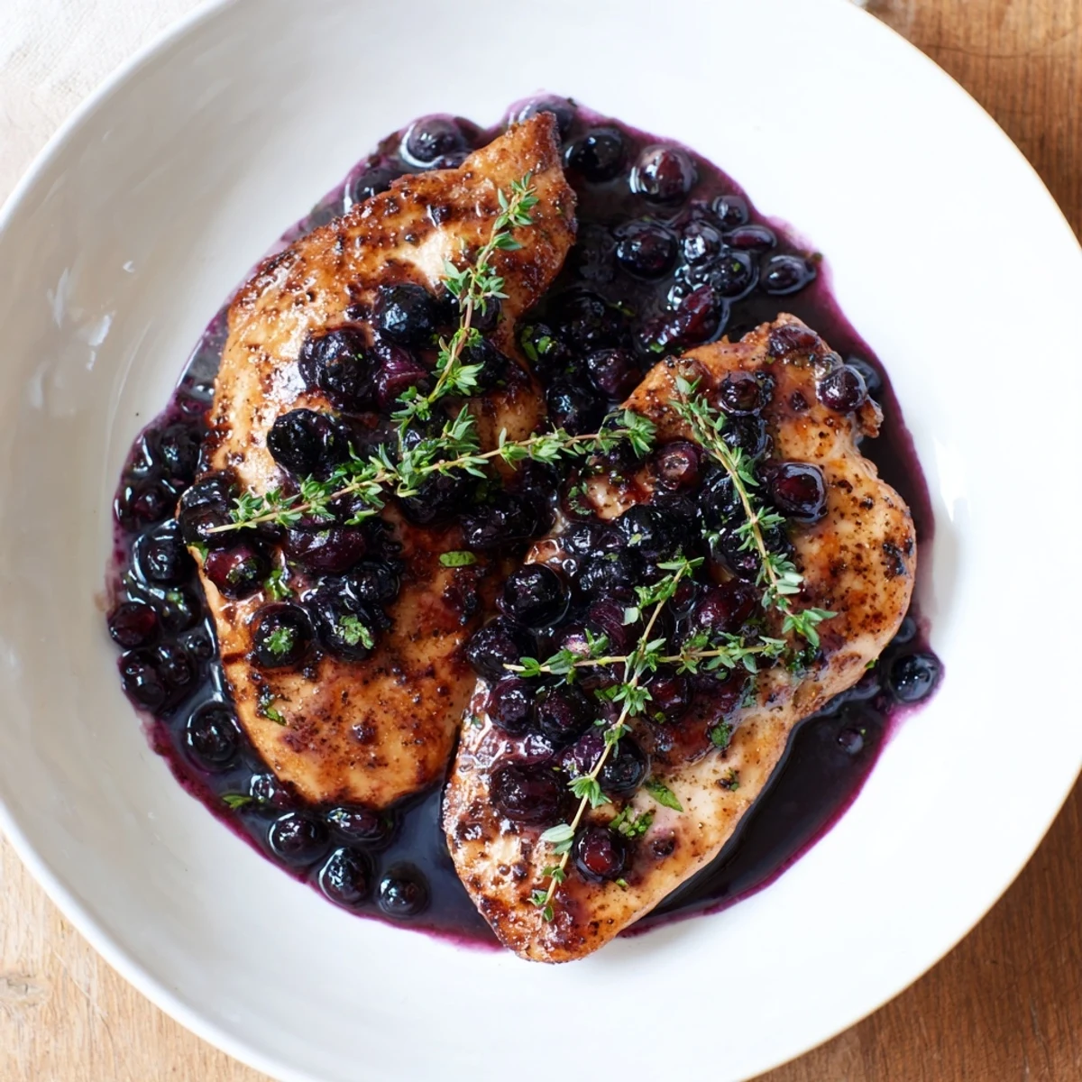 Succulent blueberry thyme chicken served on white plate with fresh herb garnish