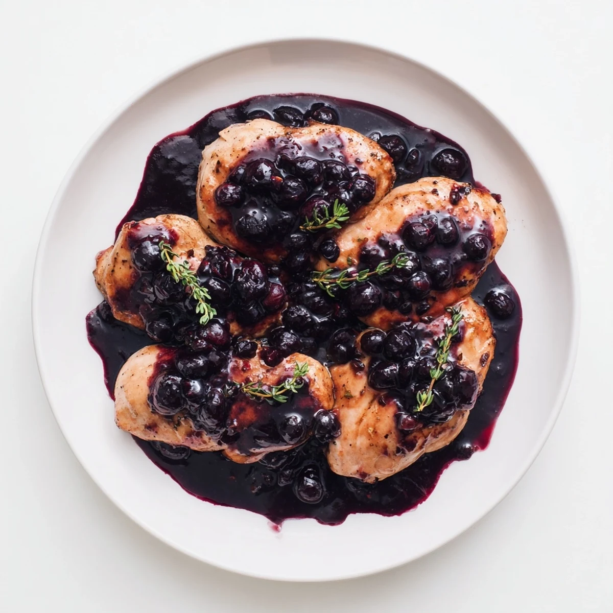 Juicy chicken topped with glossy savory blueberry reduction and thyme sprigs