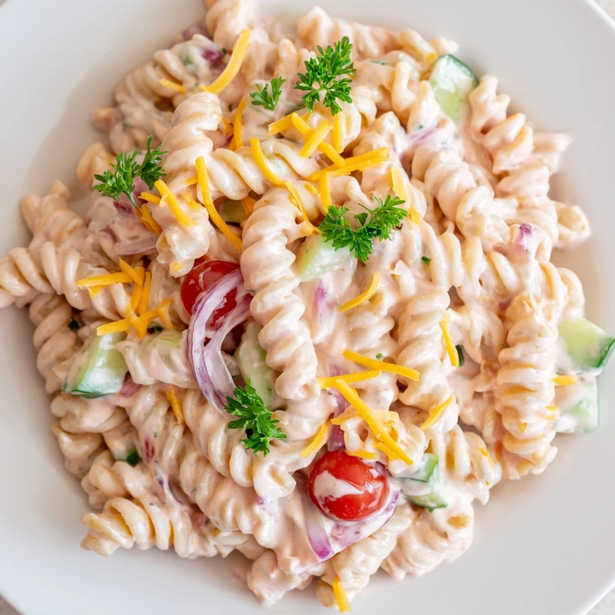 Creamy Pink Cadillac Pasta Salad featuring rotini pasta with colorful vegetables in tangy pink dressing