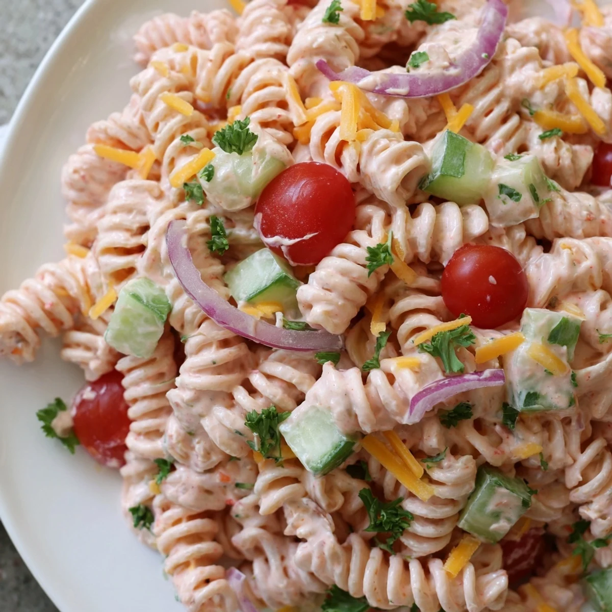 Vibrant Pink Cadillac Pasta Salad close-up showing tender pasta, fresh veggies, and pink dressing