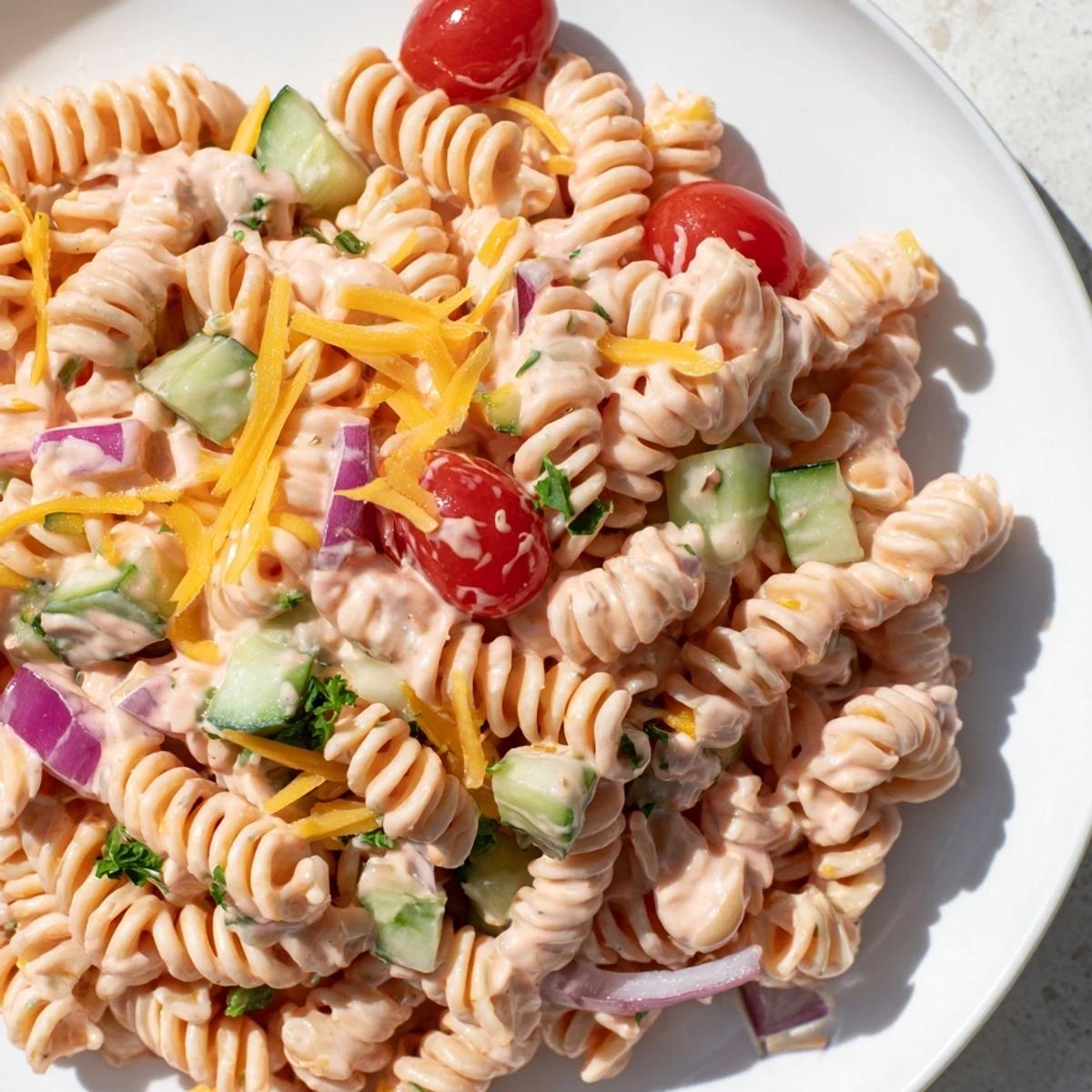 Colorful Pink Cadillac Pasta Salad bowl with cherry tomatoes, peppers, and creamy pink sauce