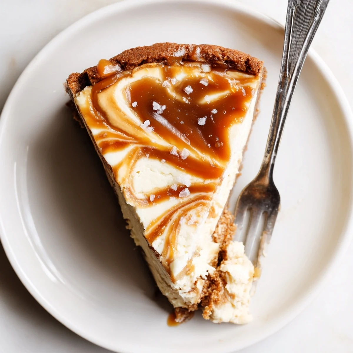 Rich caramel swirl cheesecake slice revealing golden ribbons throughout creamy vanilla filling on buttery graham crust