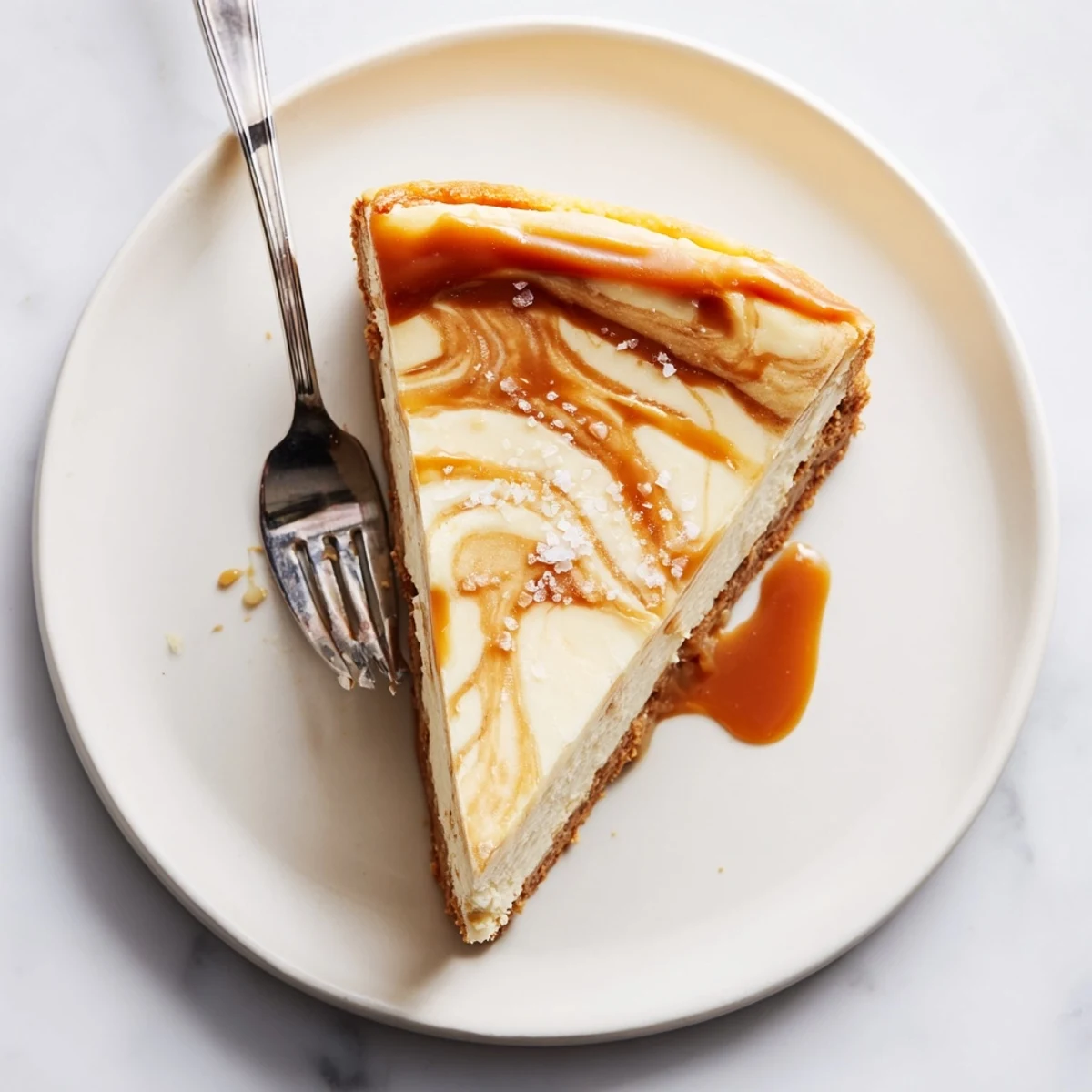 Decadent caramel swirl cheesecake with luscious golden caramel ribbons marbled into smooth cream cheese filling