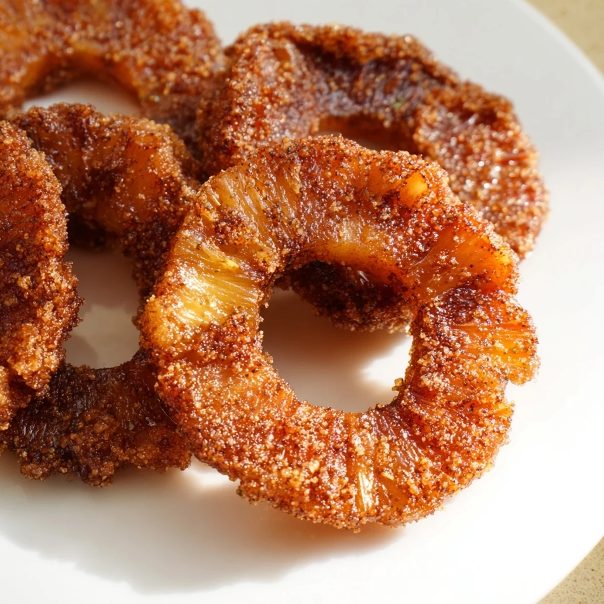 Golden air fryer pineapple rings caramelized with brown sugar and cinnamon topping