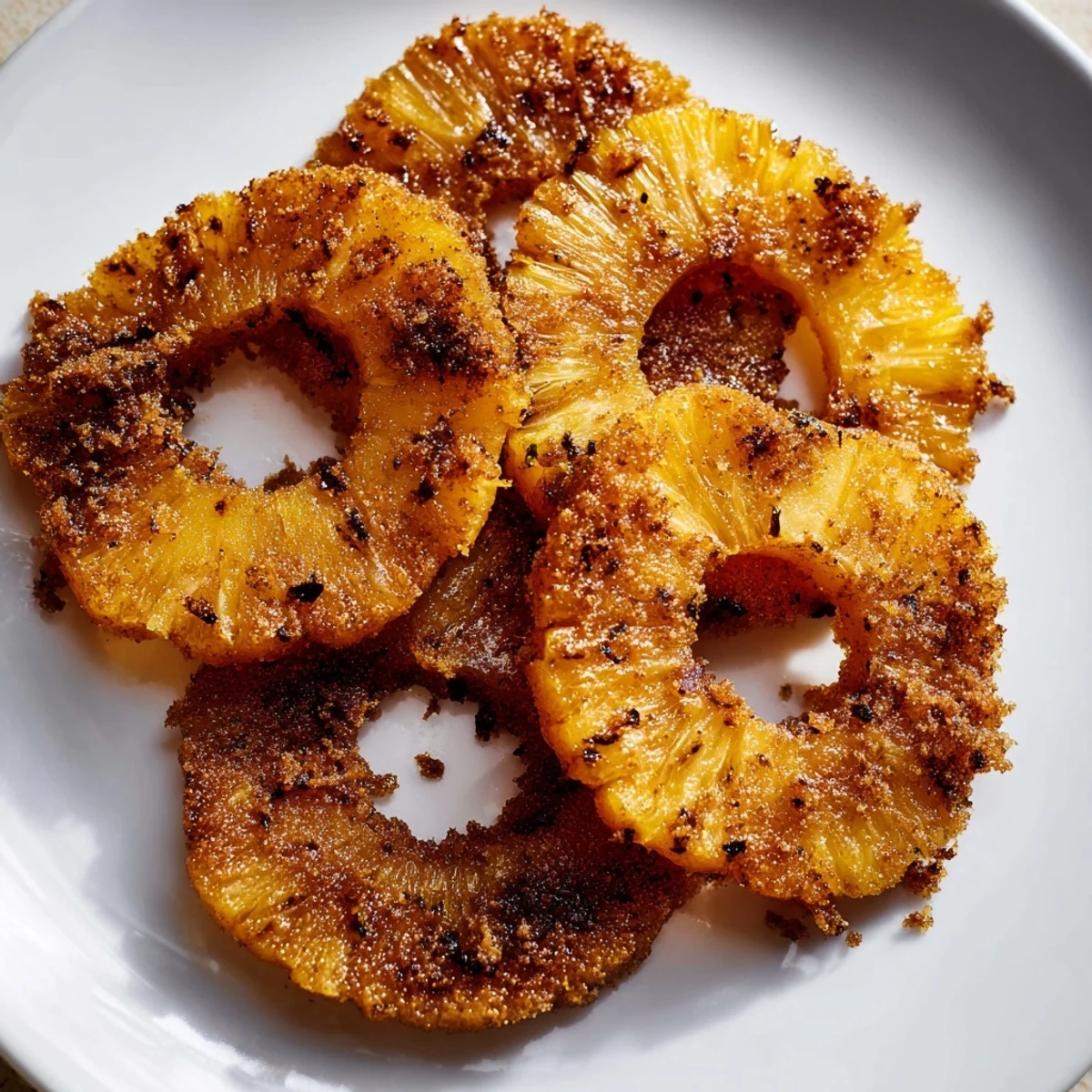 Caramelized pineapple rings from air fryer drizzled with honey and fresh mint garnish