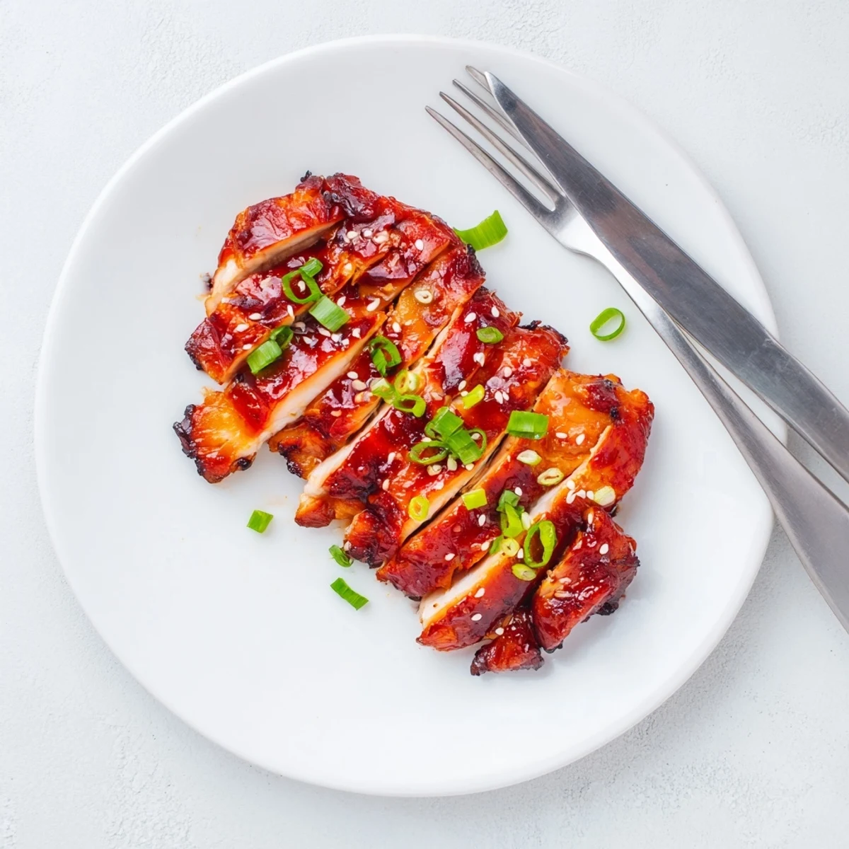 Golden glazed Authentic Char Siu Chicken pieces arranged on a white serving plate with caramelized edges