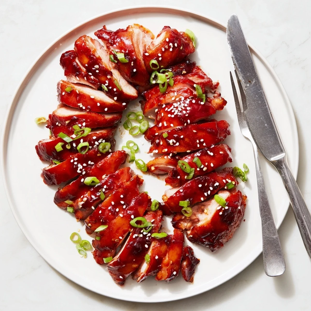 Sliced Cantonese-style Authentic Char Siu Chicken over steamed rice garnished with sesame seeds and scallions