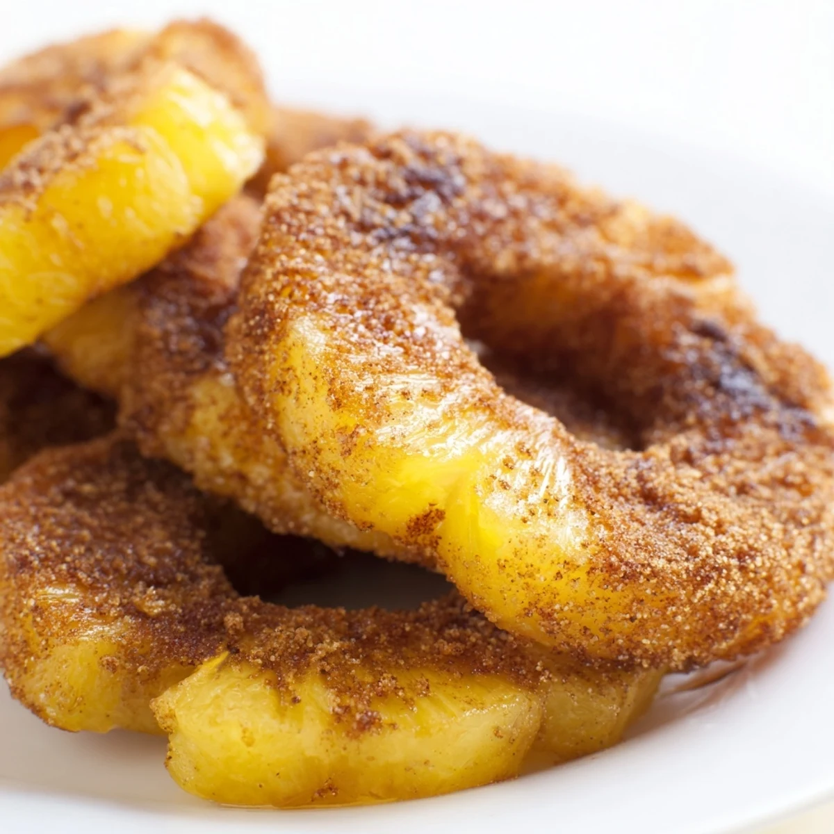 Golden caramelized air fryer pineapple rings sprinkled with cinnamon sugar and served warm