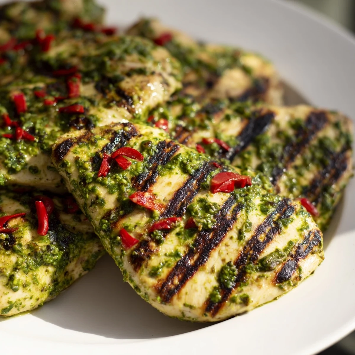 Juicy grilled chili lime chicken breasts with char marks and fresh cilantro garnish