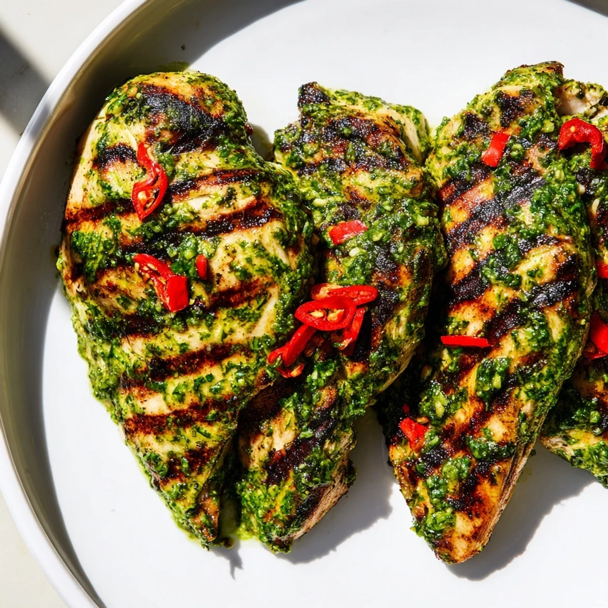 Perfectly grilled chili lime chicken resting on a white plate with lime wedges