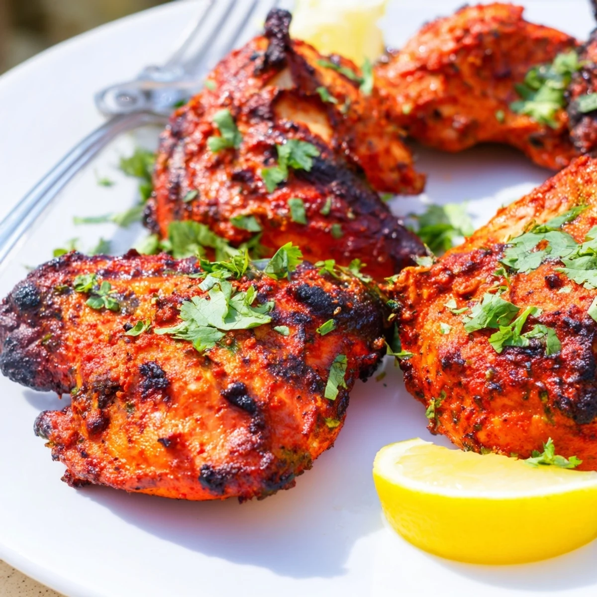 Golden Tandoori Chicken with charred edges served with fresh cilantro and lemon wedges