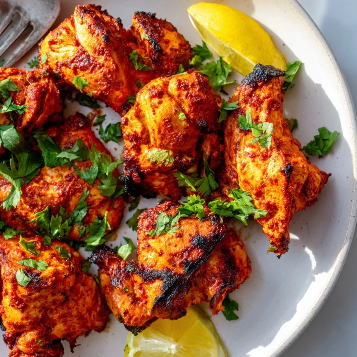 Tandoori Chicken with vibrant red spices garnished with sliced red onions and herbs
