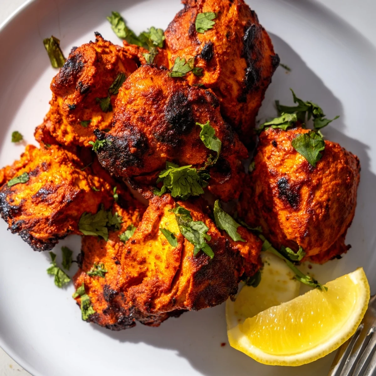 Spicy yogurt-marinated Tandoori Chicken pieces roasted to smoky perfection on a platter