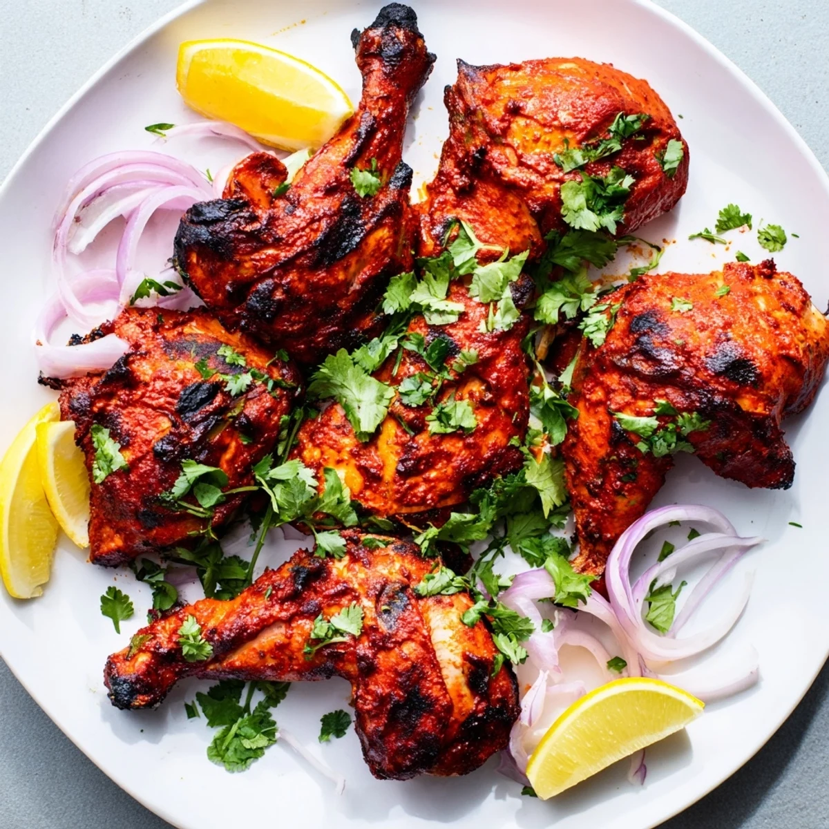 Tandoori chicken with charred edges and vibrant red marinade, garnished with fresh cilantro and lemon wedges