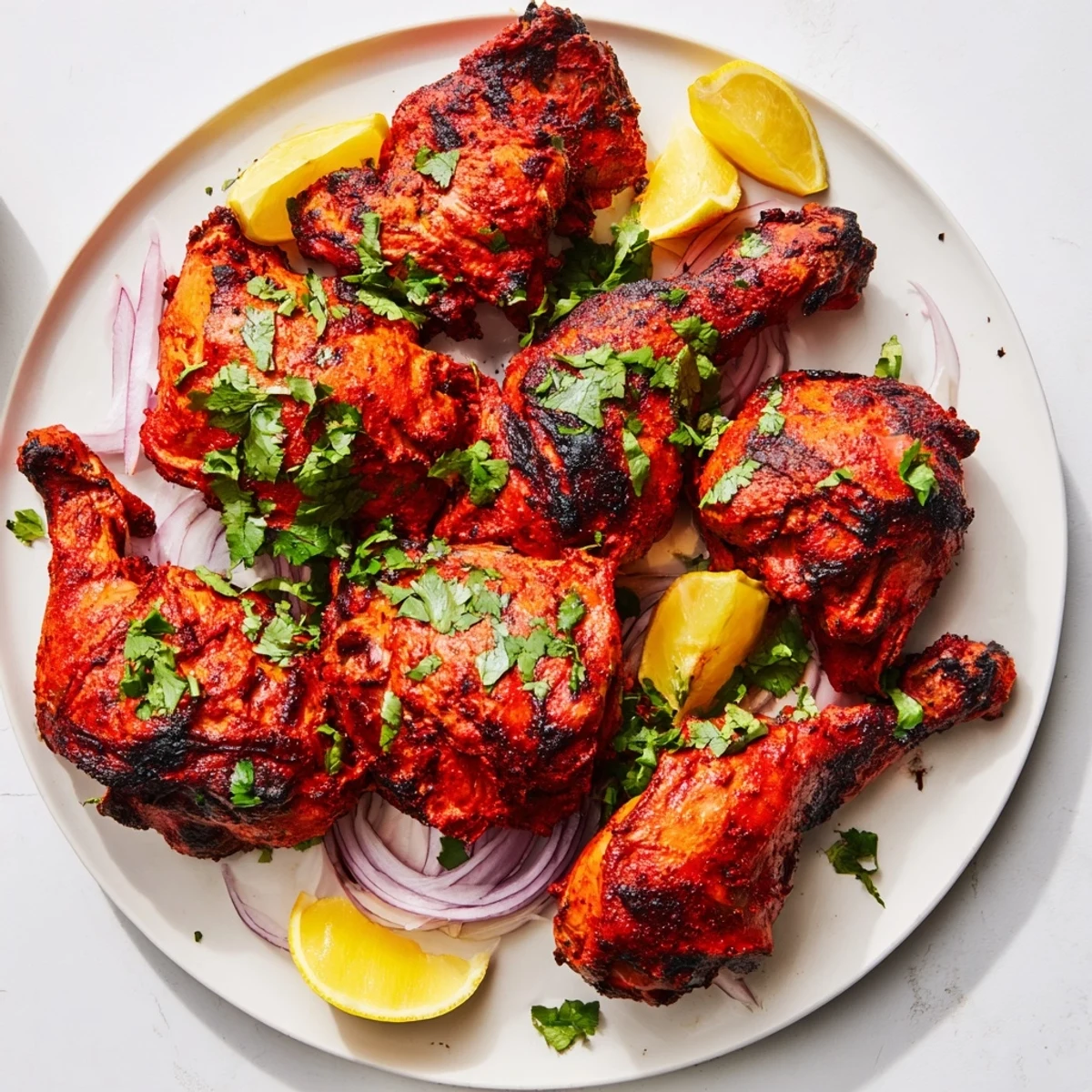Succulent tandoori chicken pieces arranged on a platter with sliced onions and herbs for serving