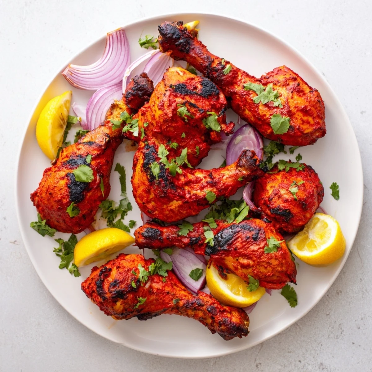 Perfectly roasted tandoori chicken showing golden brown char marks and creamy yogurt-spice coating on a white plate