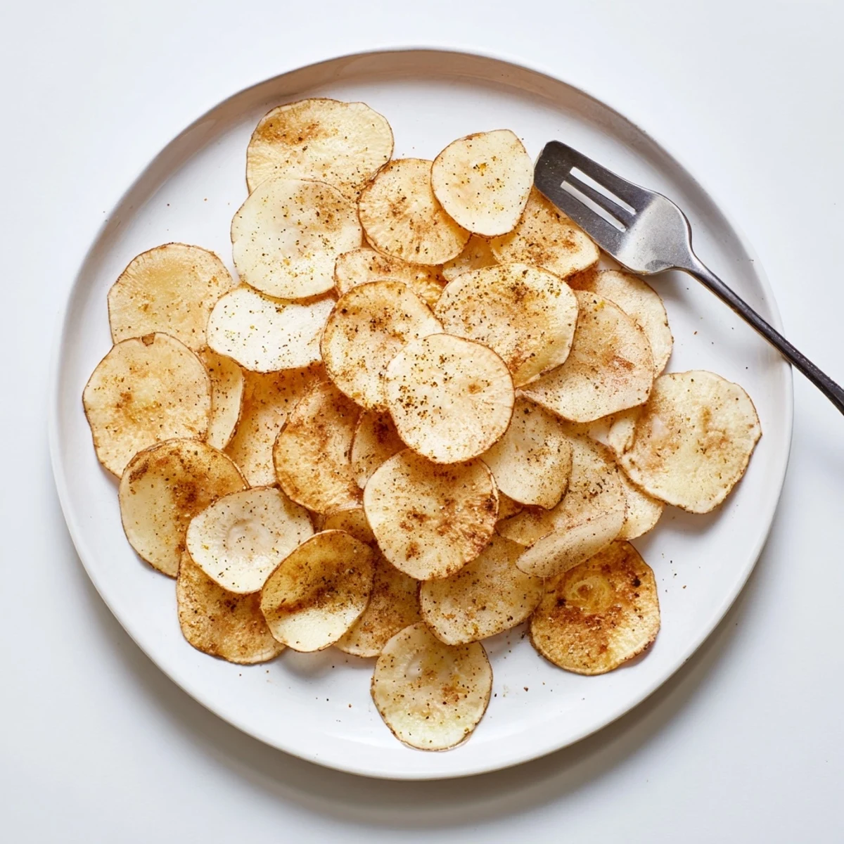 Golden air fryer radish chips arranged on a white plate, perfectly crispy and lightly seasoned