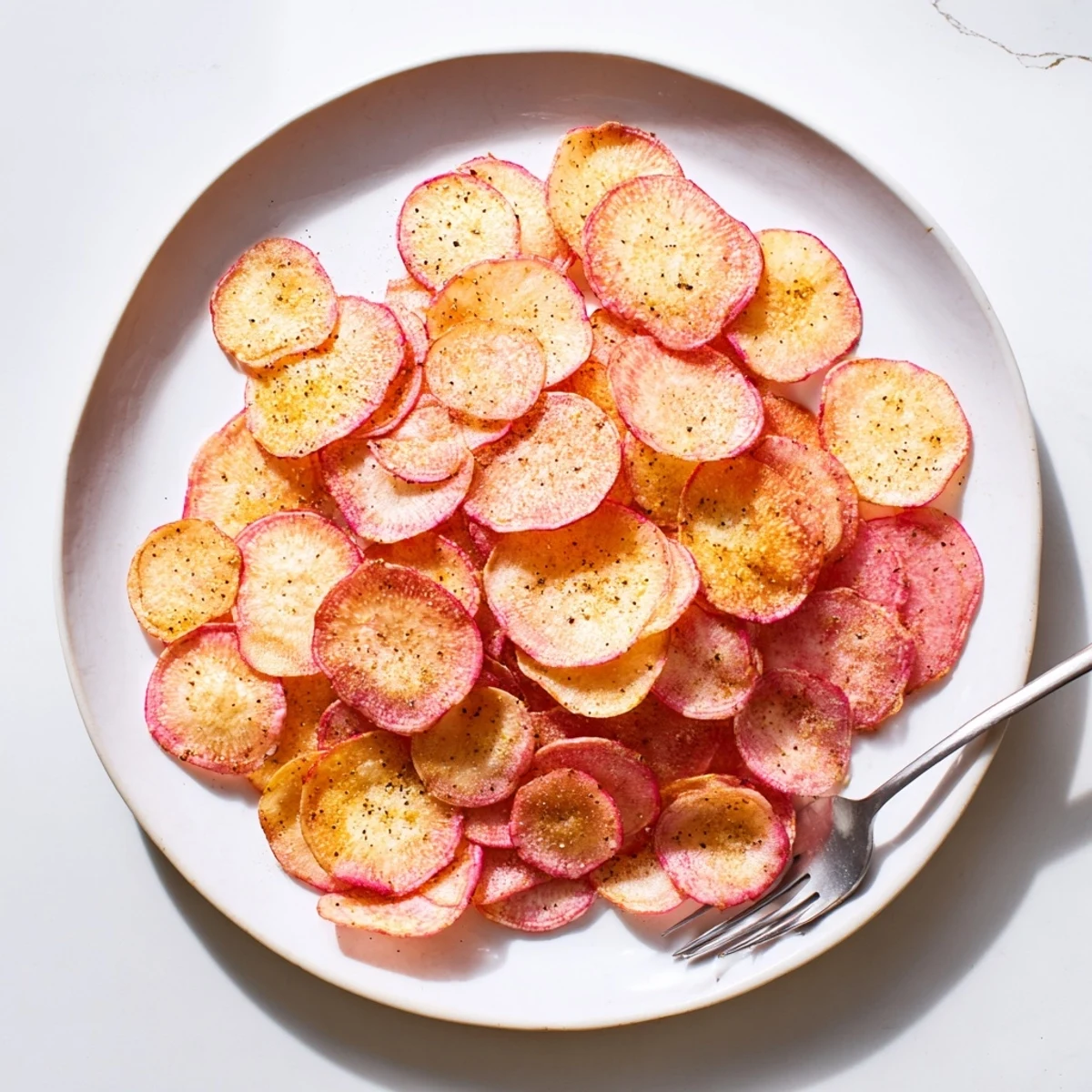 Homemade radish chips fresh from the air fryer basket, golden brown and ready for snacking