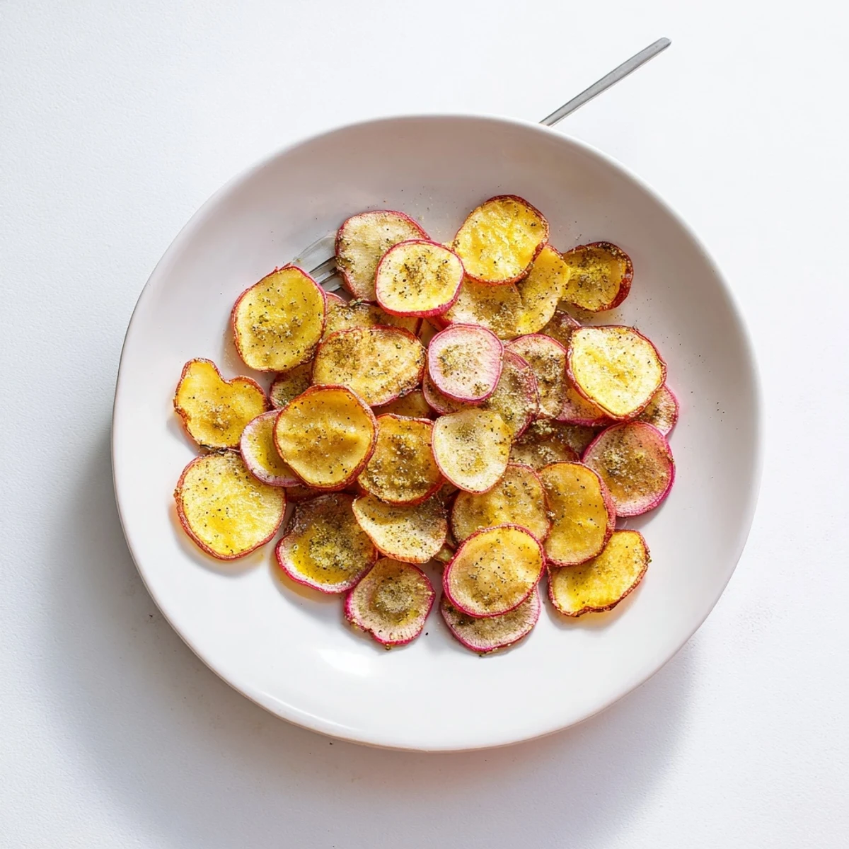 Low-carb air fryer radish chips stacked beside a cooling rack, showing their delicate crunch