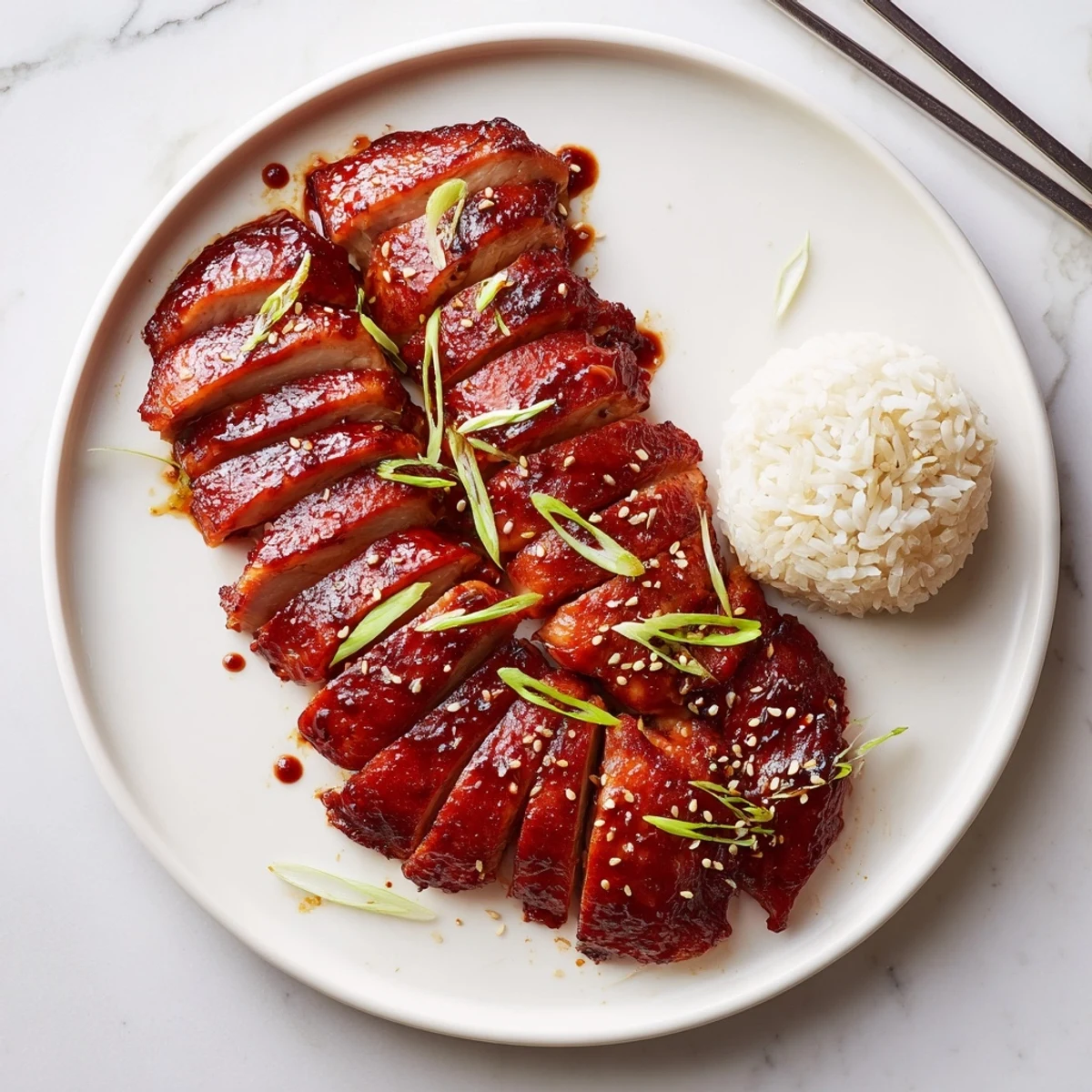 Glossy caramelized Char Siu chicken glazed with honey on a white serving plate