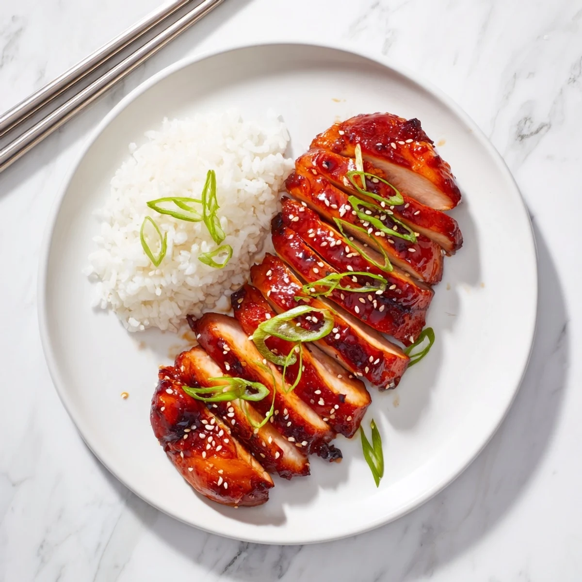 Sliced Cantonese-style Char Siu chicken BBQ arranged over steaming jasmine rice