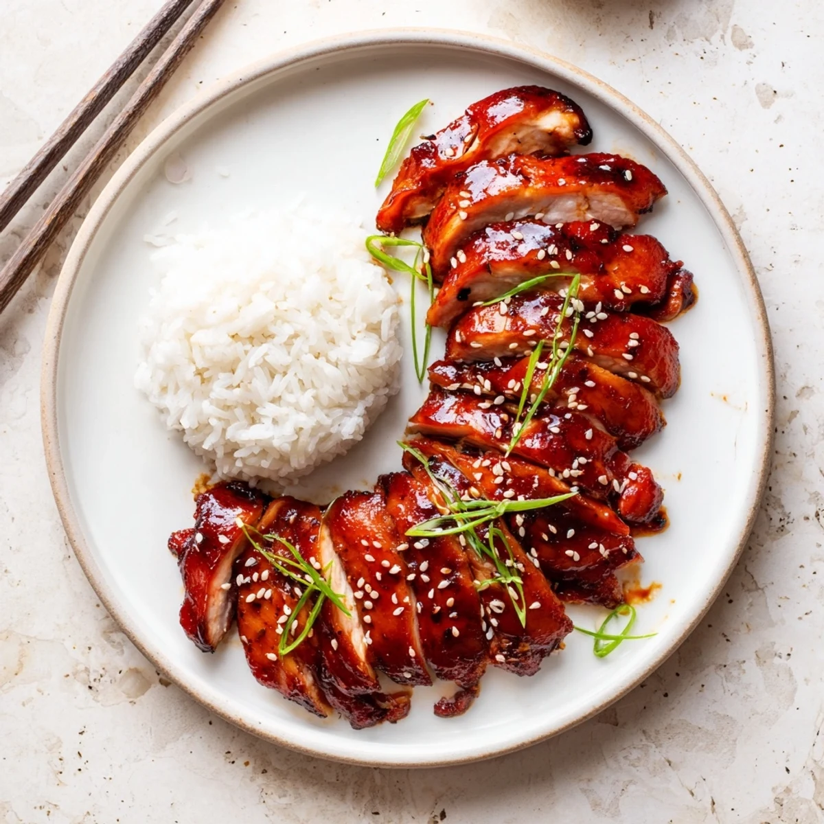 Authentic Char Siu chicken pieces fresh off the grill with sticky red glaze