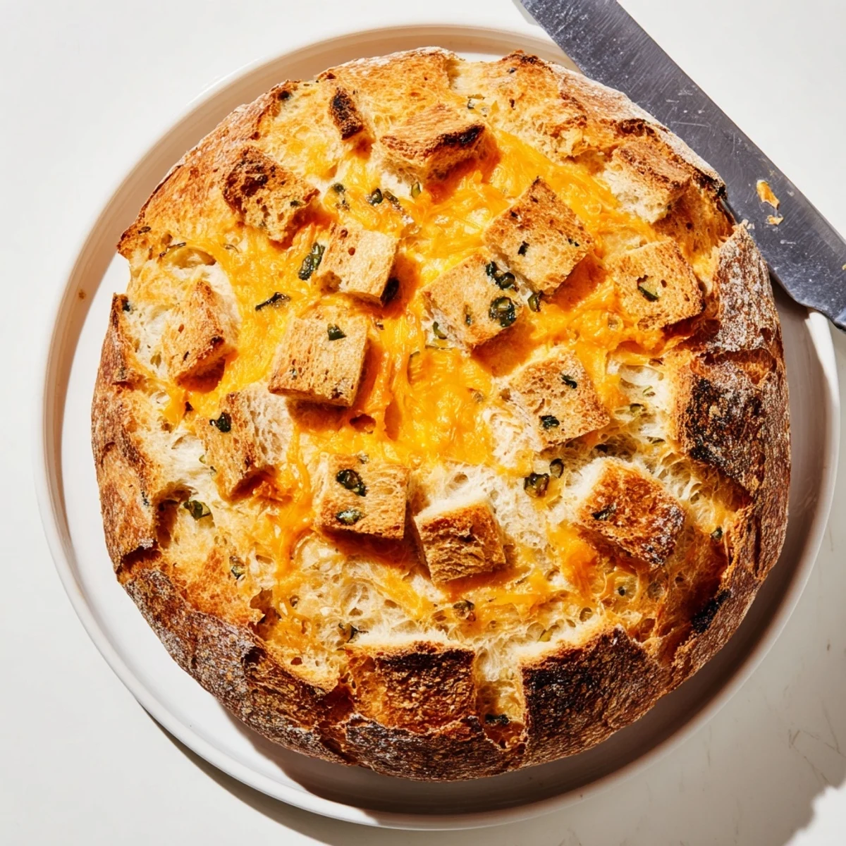 Crusty artisan jalapeno cheddar sourdough loaf scored and dusted with flour on wooden board