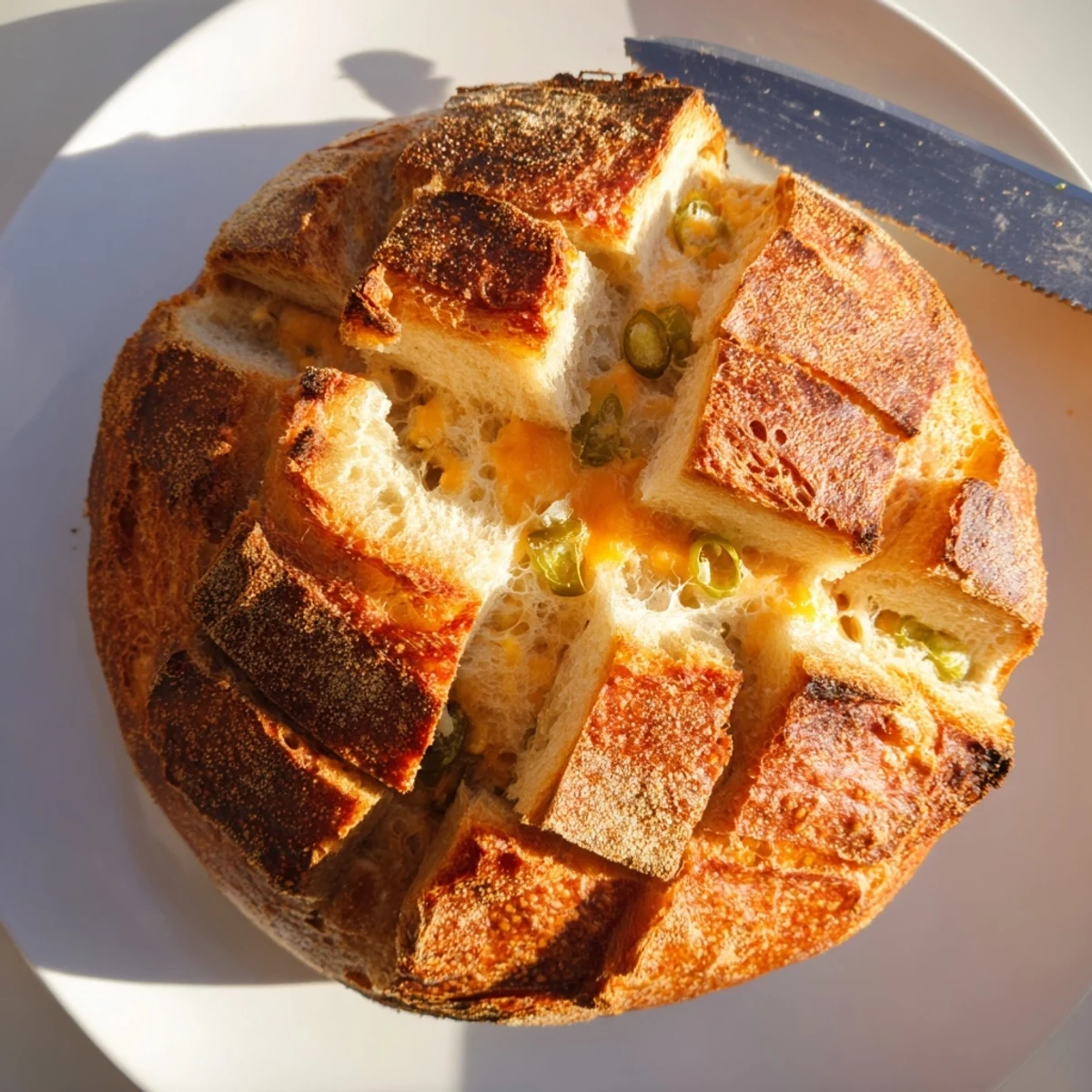 Golden brown jalapeno cheddar sourdough bread with visible cheese chunks and pepper slices