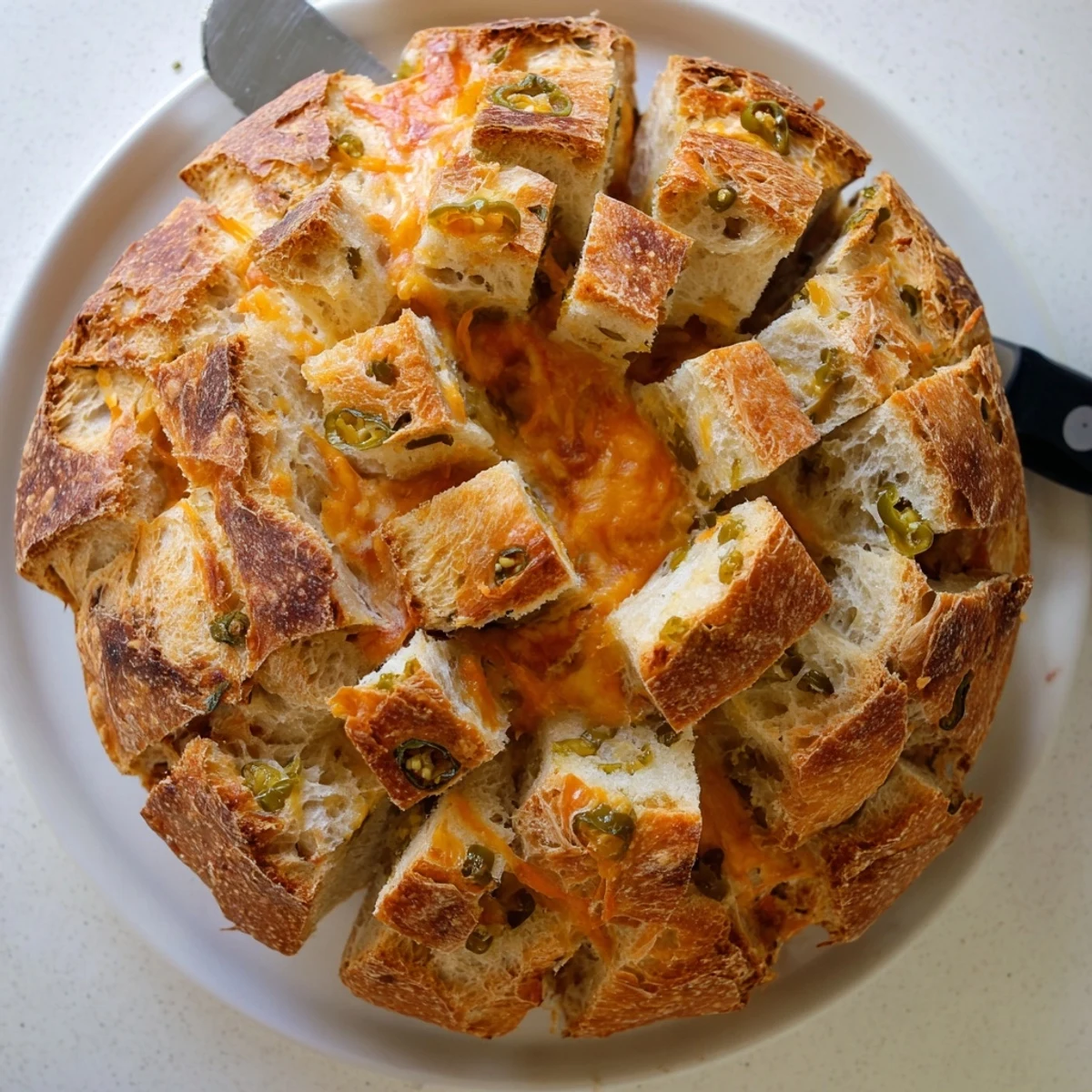 Sliced jalapeno cheddar sourdough bread revealing melted cheese pockets and spicy jalapeño pieces inside
